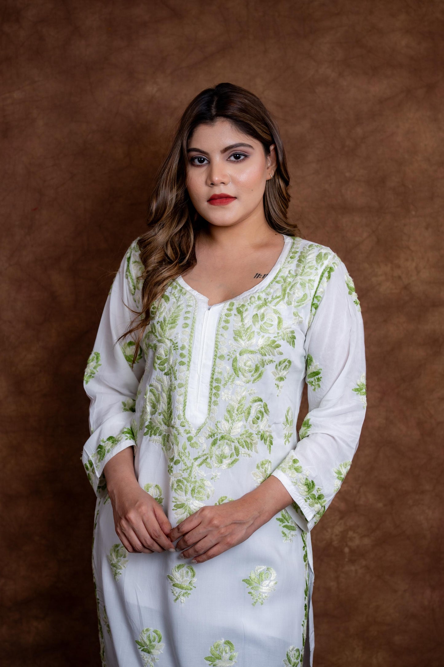 Alia Modal Long Kurti | Handcrafted Chikankari Dual-Shade | Daman Work | Hand Embroided Sleeves Designed By Samiya Chikankari