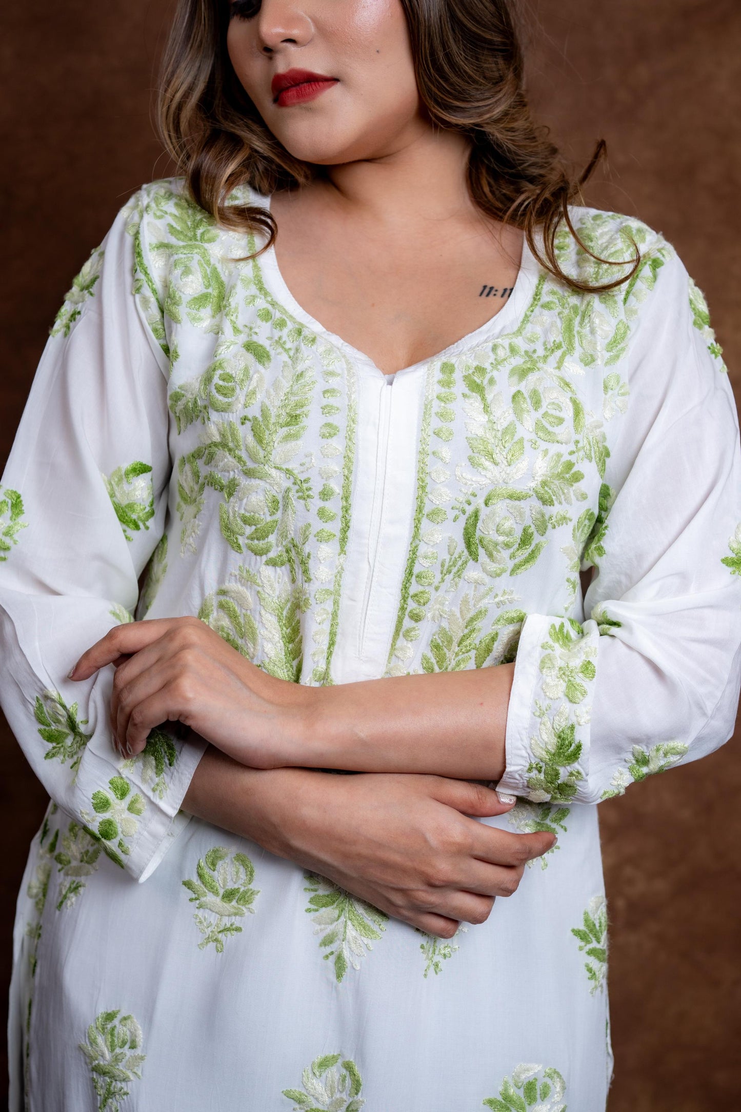 Alia Modal Long Kurti | Handcrafted Chikankari Dual-Shade | Daman Work | Hand Embroided Sleeves Designed By Samiya Chikankari