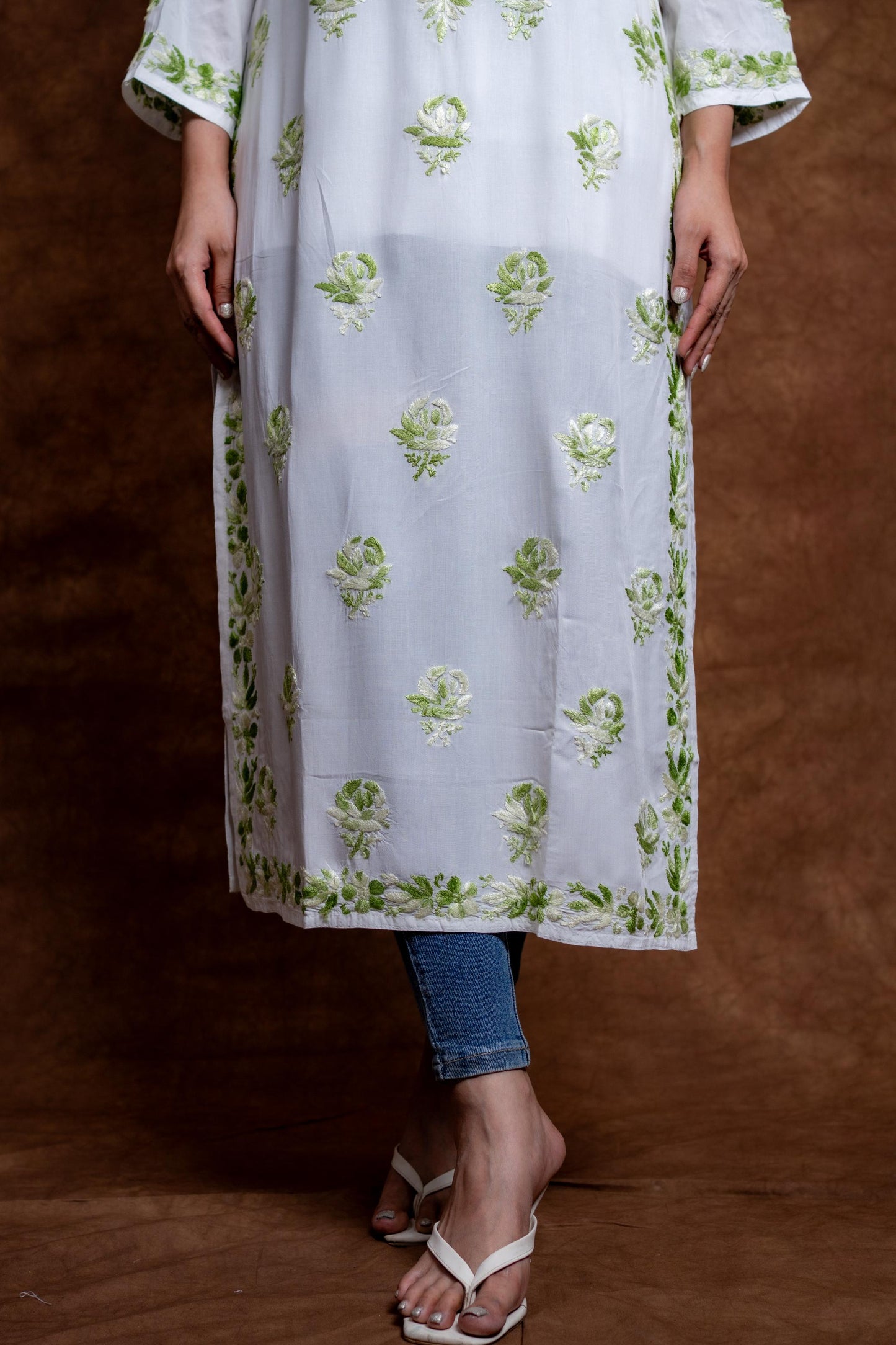 Alia Modal Long Kurti | Handcrafted Chikankari Dual-Shade | Daman Work | Hand Embroided Sleeves Designed By Samiya Chikankari