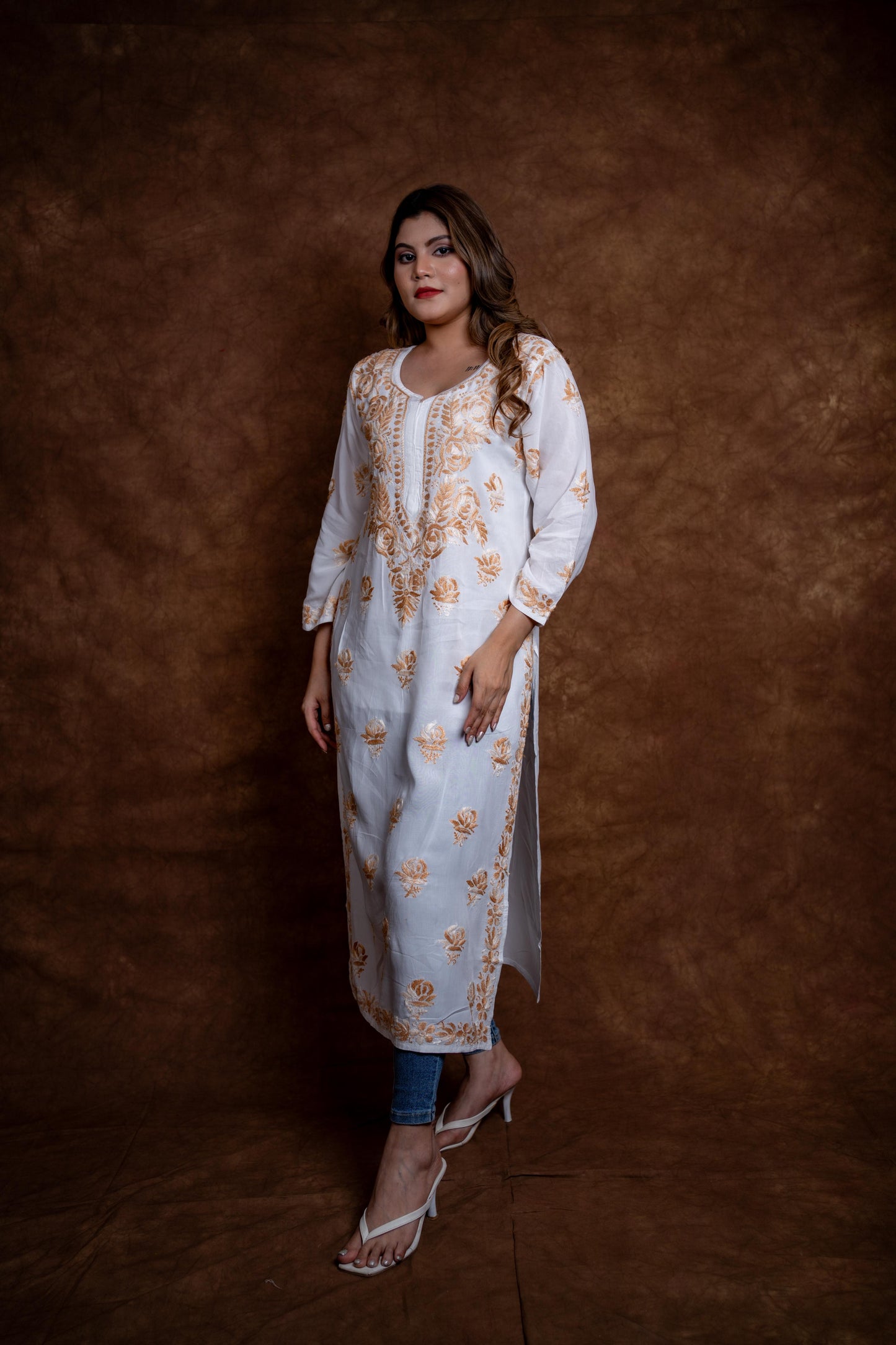 Alia Modal Long Kurti | Handcrafted Chikankari Dual-Shade | Daman Work | Hand Embroided Sleeves Designed By Samiya Chikankari