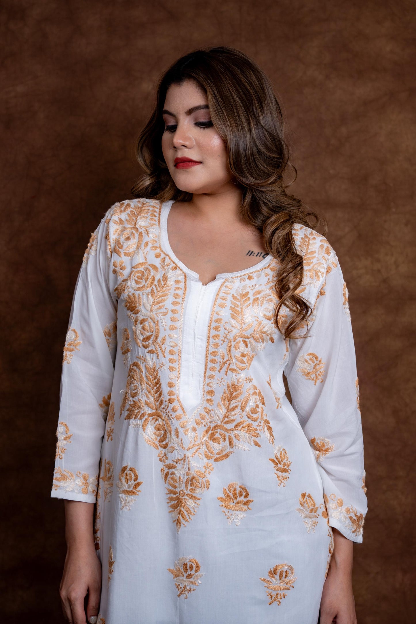 Alia Modal Long Kurti | Handcrafted Chikankari Dual-Shade | Daman Work | Hand Embroided Sleeves Designed By Samiya Chikankari