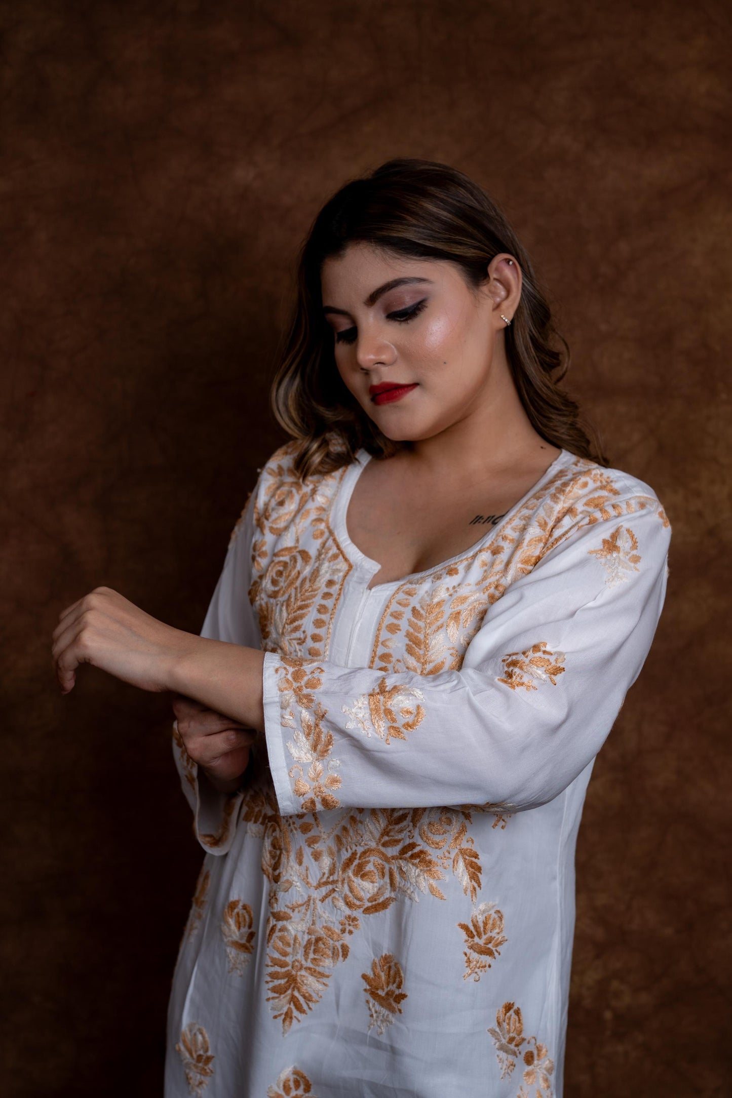 Alia Modal Long Kurti | Handcrafted Chikankari Dual-Shade | Daman Work | Hand Embroided Sleeves Designed By Samiya Chikankari