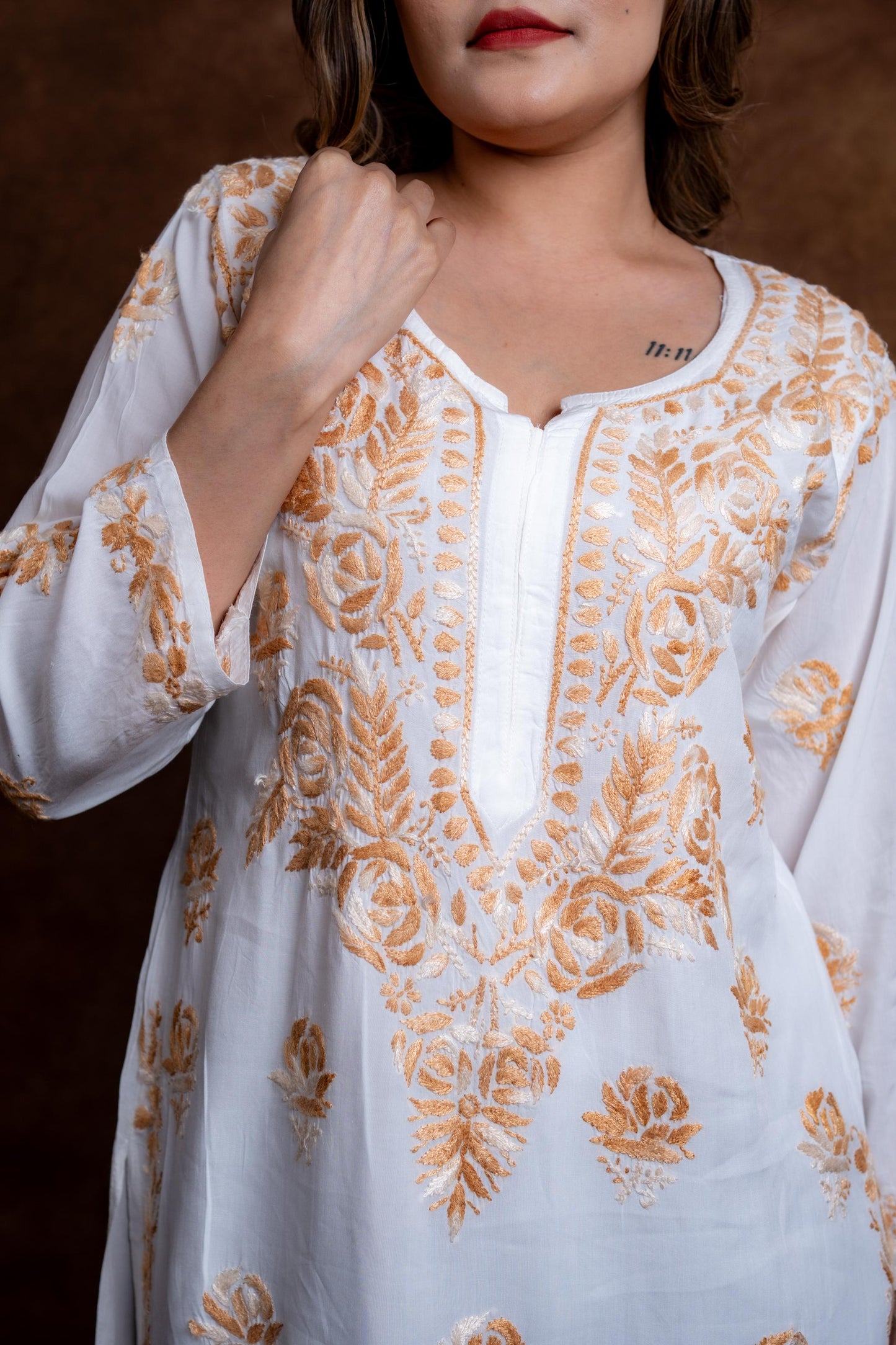 Alia Modal Long Kurti | Handcrafted Chikankari Dual-Shade | Daman Work | Hand Embroided Sleeves Designed By Samiya Chikankari