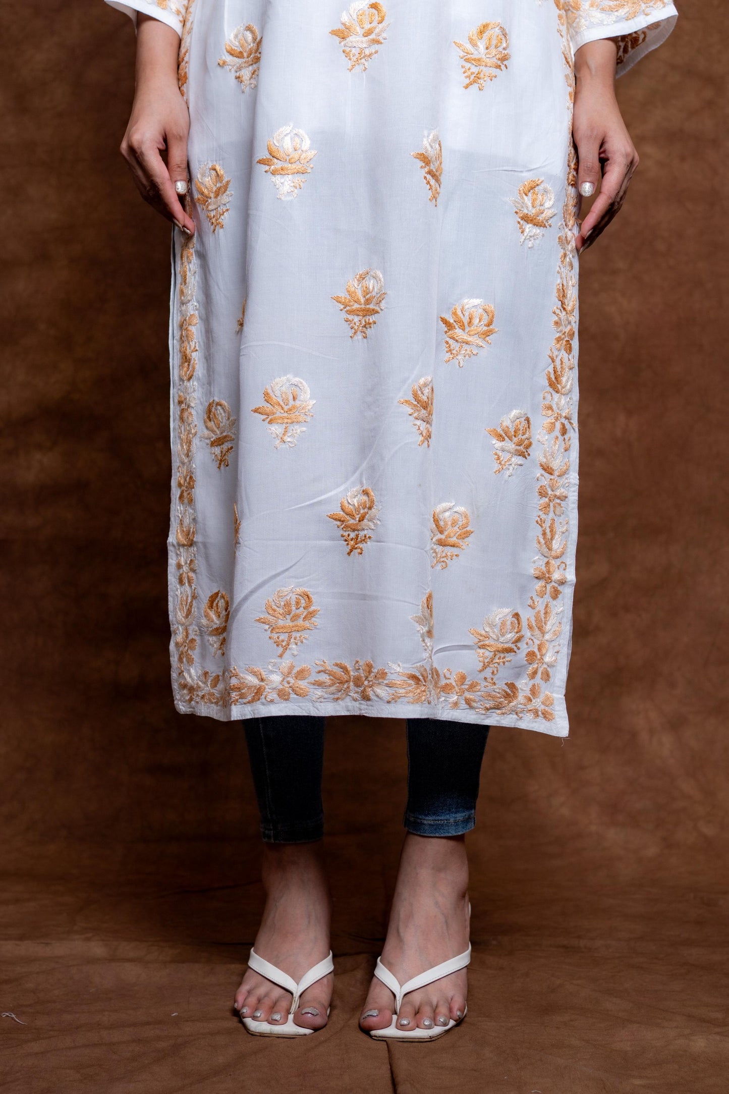 Alia Modal Long Kurti | Handcrafted Chikankari Dual-Shade | Daman Work | Hand Embroided Sleeves Designed By Samiya Chikankari