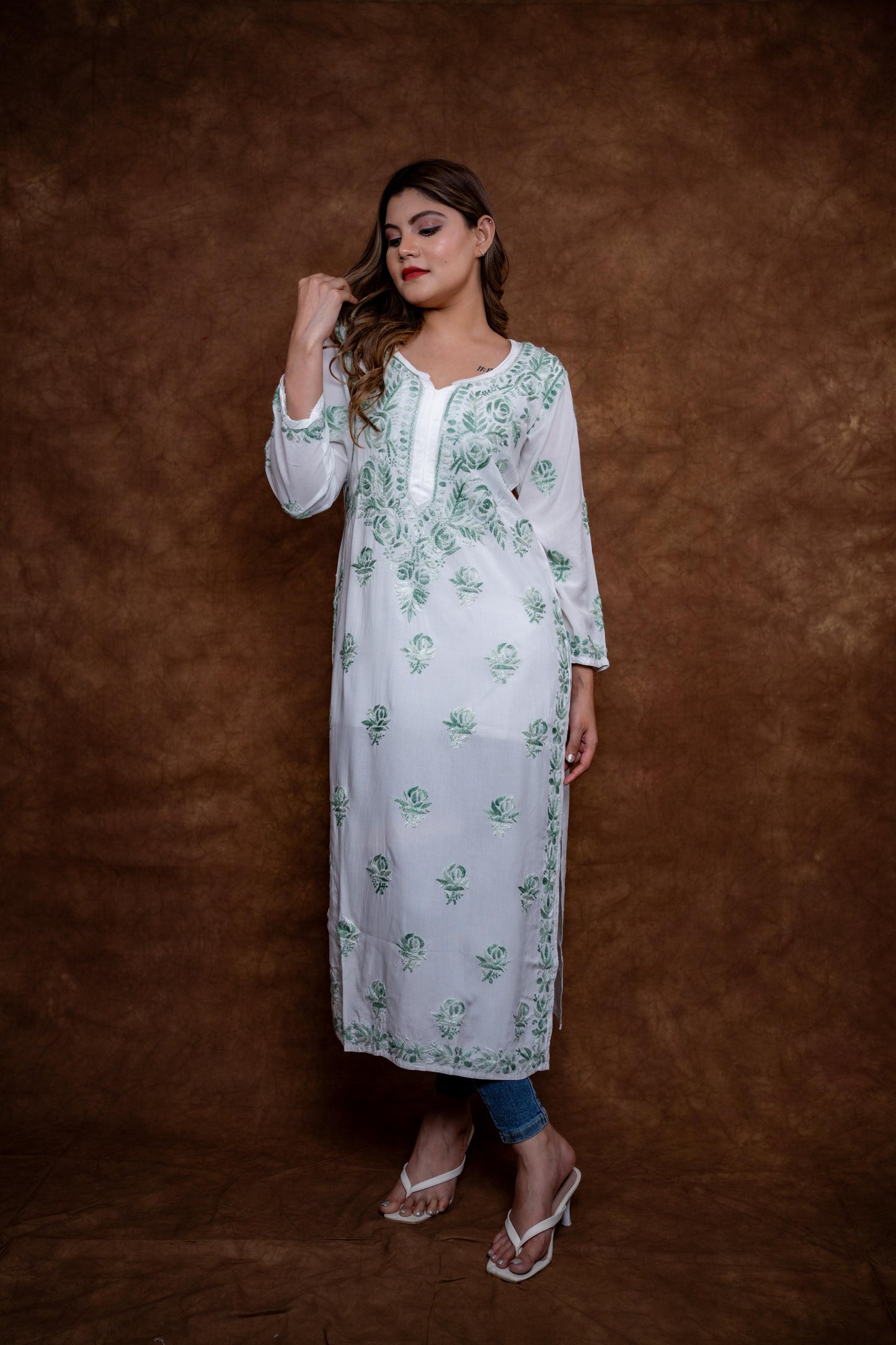 Alia Modal Long Kurti | Handcrafted Chikankari Dual-Shade | Daman Work | Hand Embroided Sleeves Designed By Samiya Chikankari