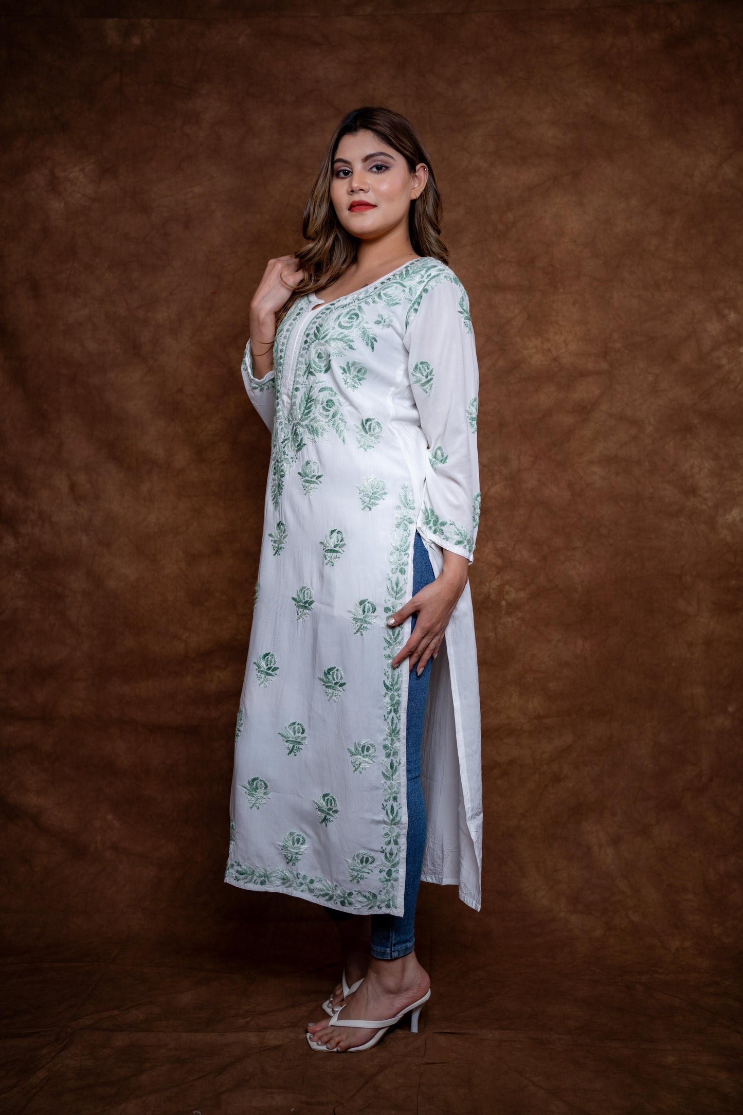 Alia Modal Long Kurti | Handcrafted Chikankari Dual-Shade | Daman Work | Hand Embroided Sleeves Designed By Samiya Chikankari