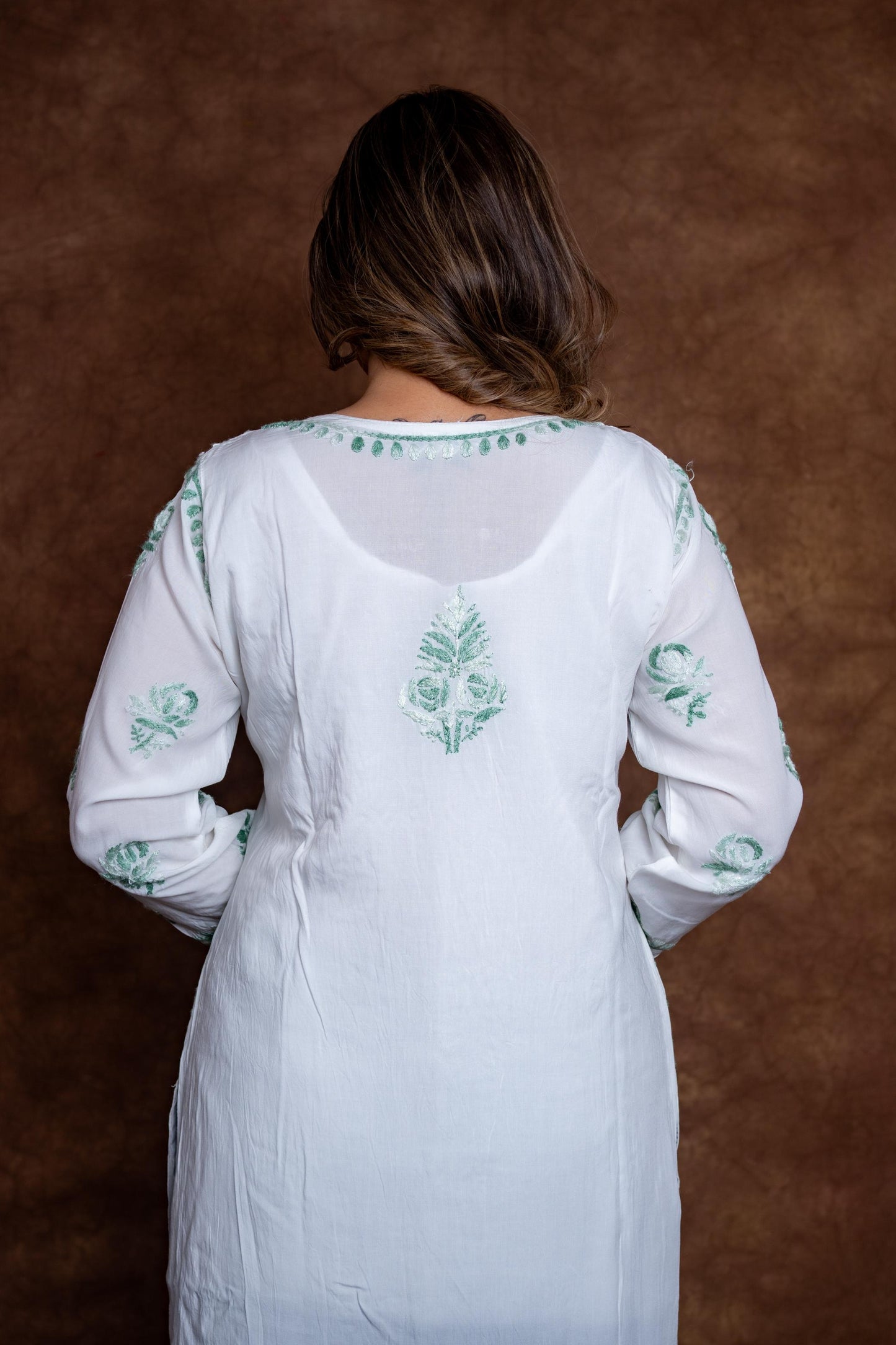 Alia Modal Long Kurti | Handcrafted Chikankari Dual-Shade | Daman Work | Hand Embroided Sleeves Designed By Samiya Chikankari