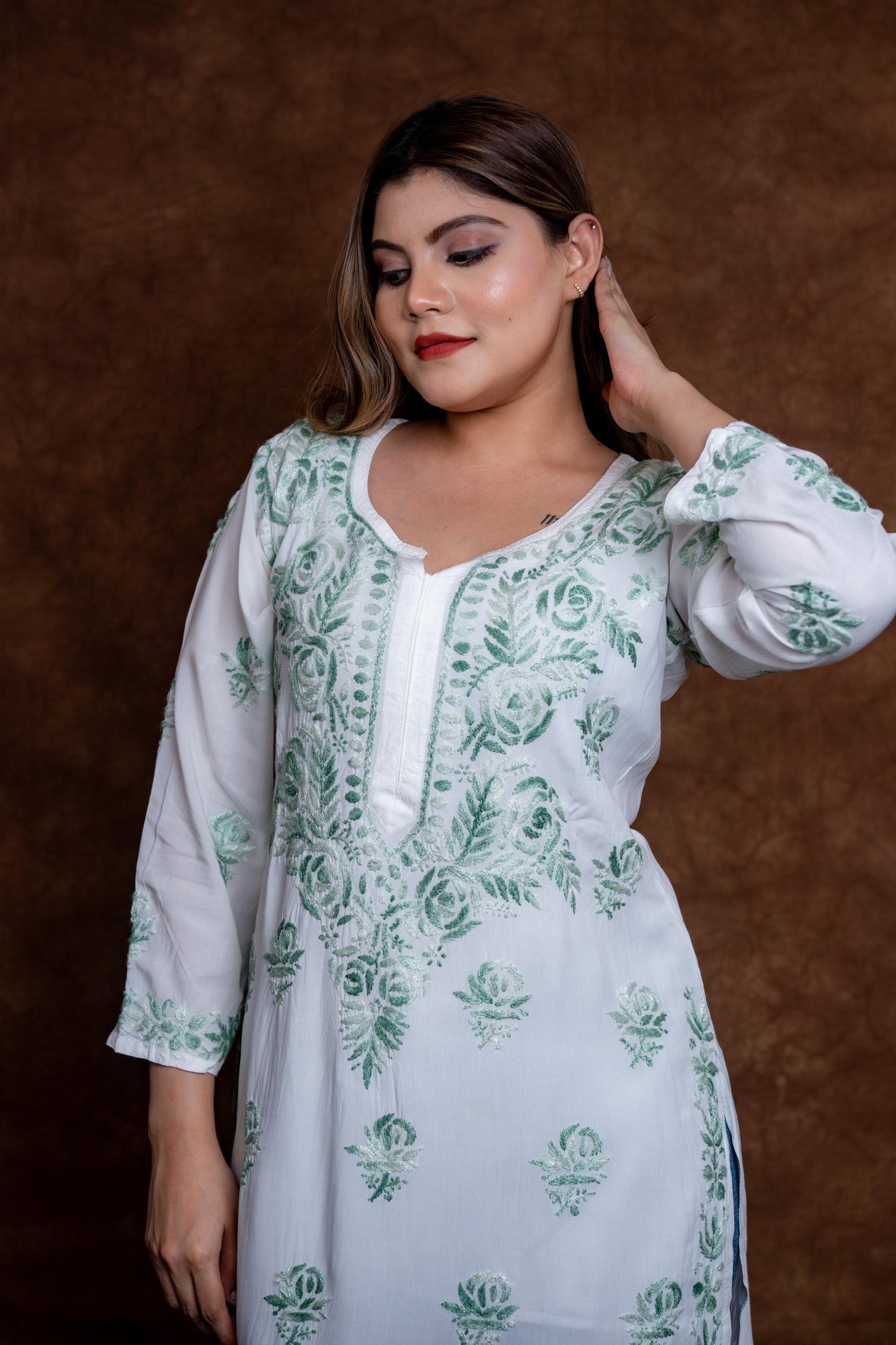Alia Modal Long Kurti | Handcrafted Chikankari Dual-Shade | Daman Work | Hand Embroided Sleeves Designed By Samiya Chikankari