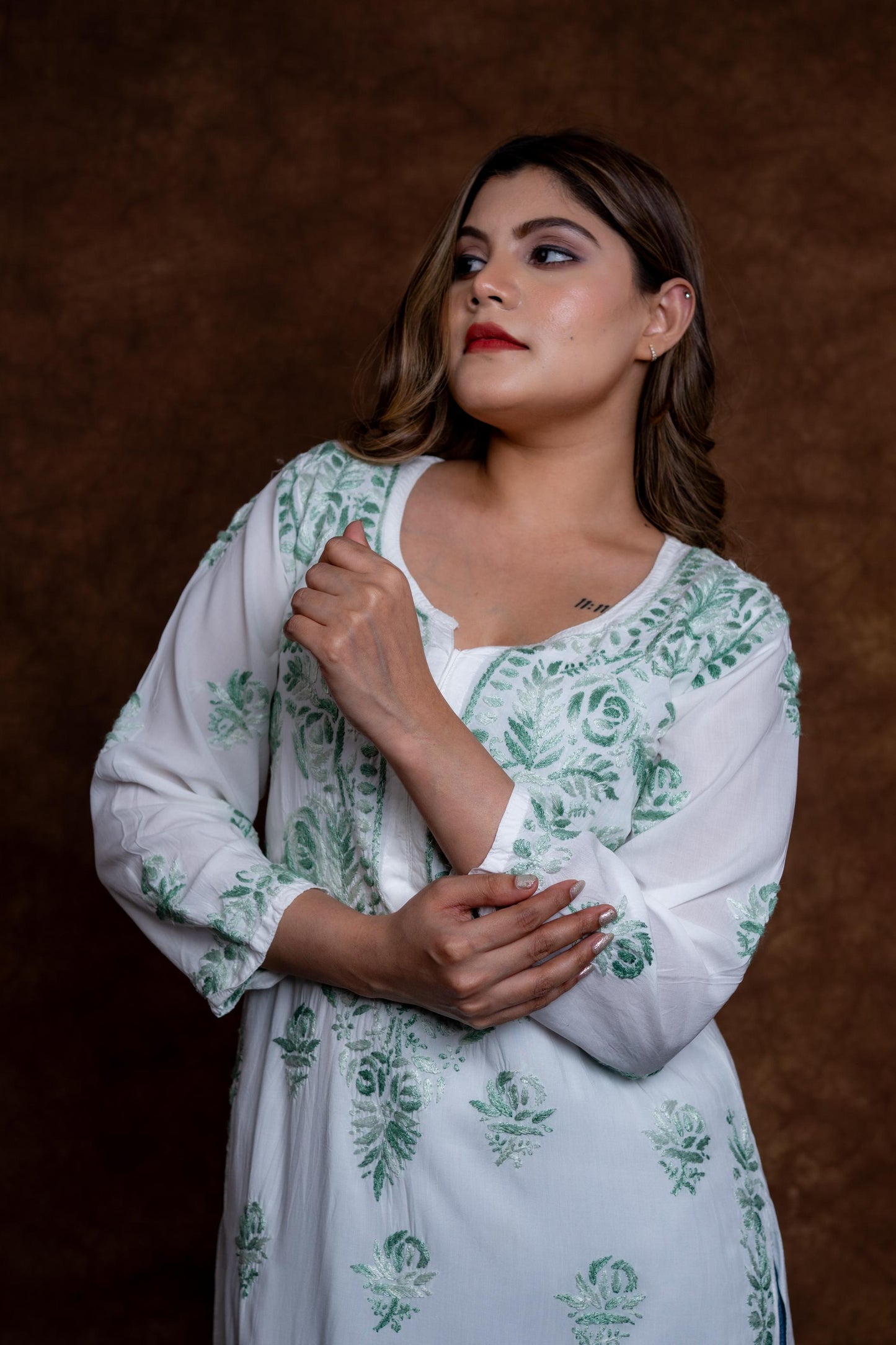 Alia Modal Long Kurti | Handcrafted Chikankari Dual-Shade | Daman Work | Hand Embroided Sleeves Designed By Samiya Chikankari