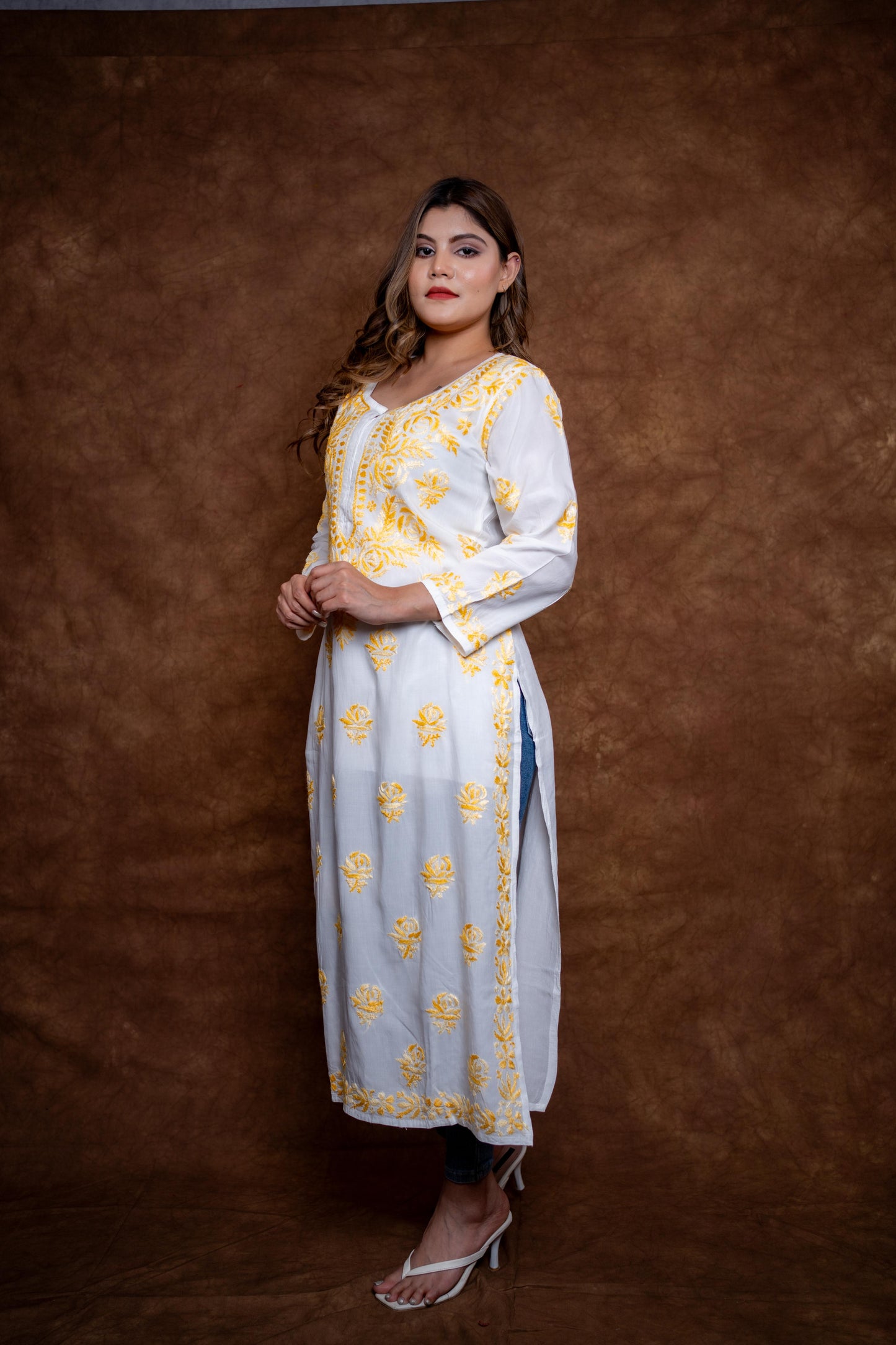 Alia Modal Long Kurti | Handcrafted Chikankari Dual-Shade | Daman Work | Hand Embroided Sleeves Designed By Samiya Chikankari