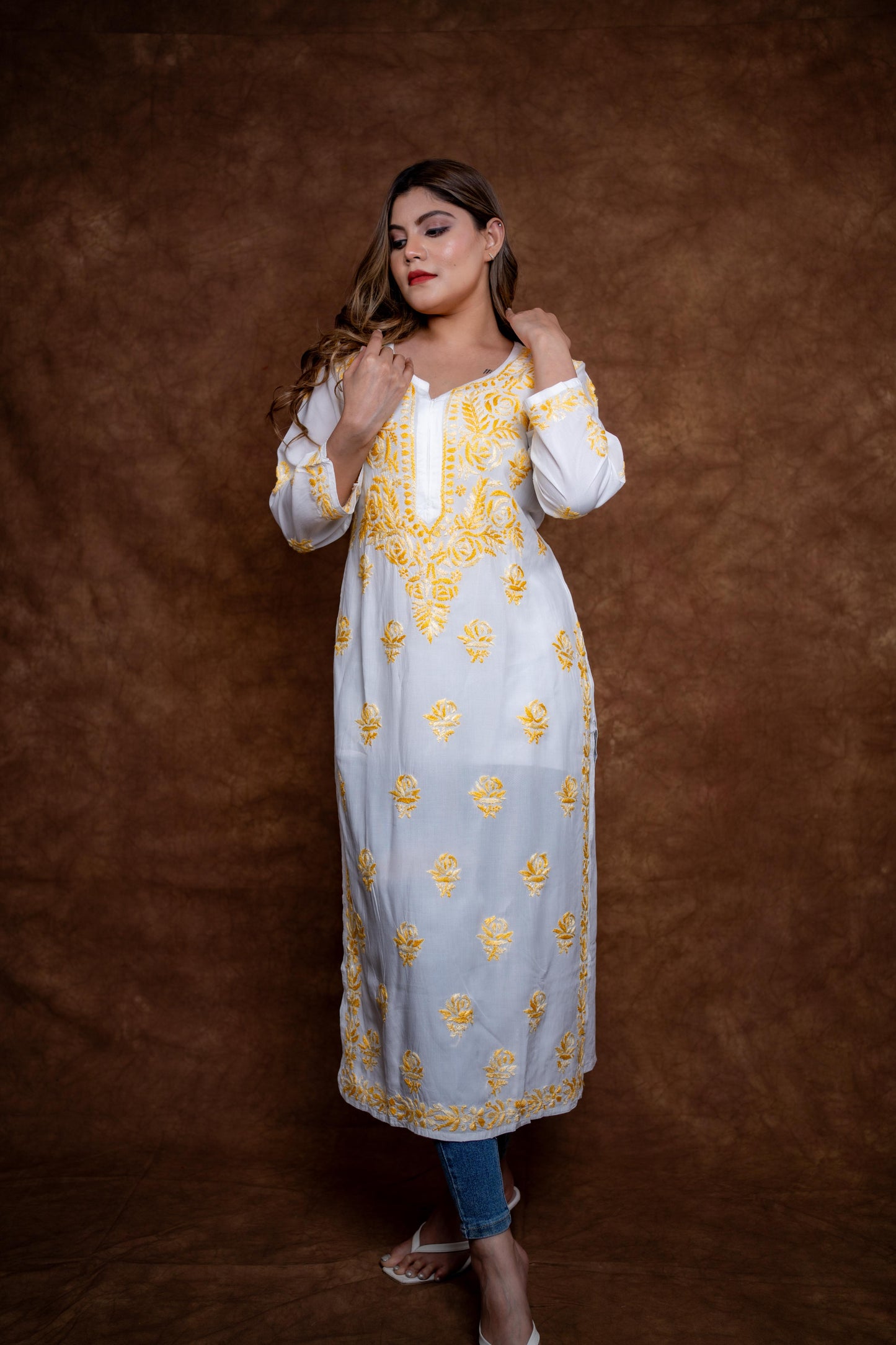Alia Modal Long Kurti | Handcrafted Chikankari Dual-Shade | Daman Work | Hand Embroided Sleeves Designed By Samiya Chikankari