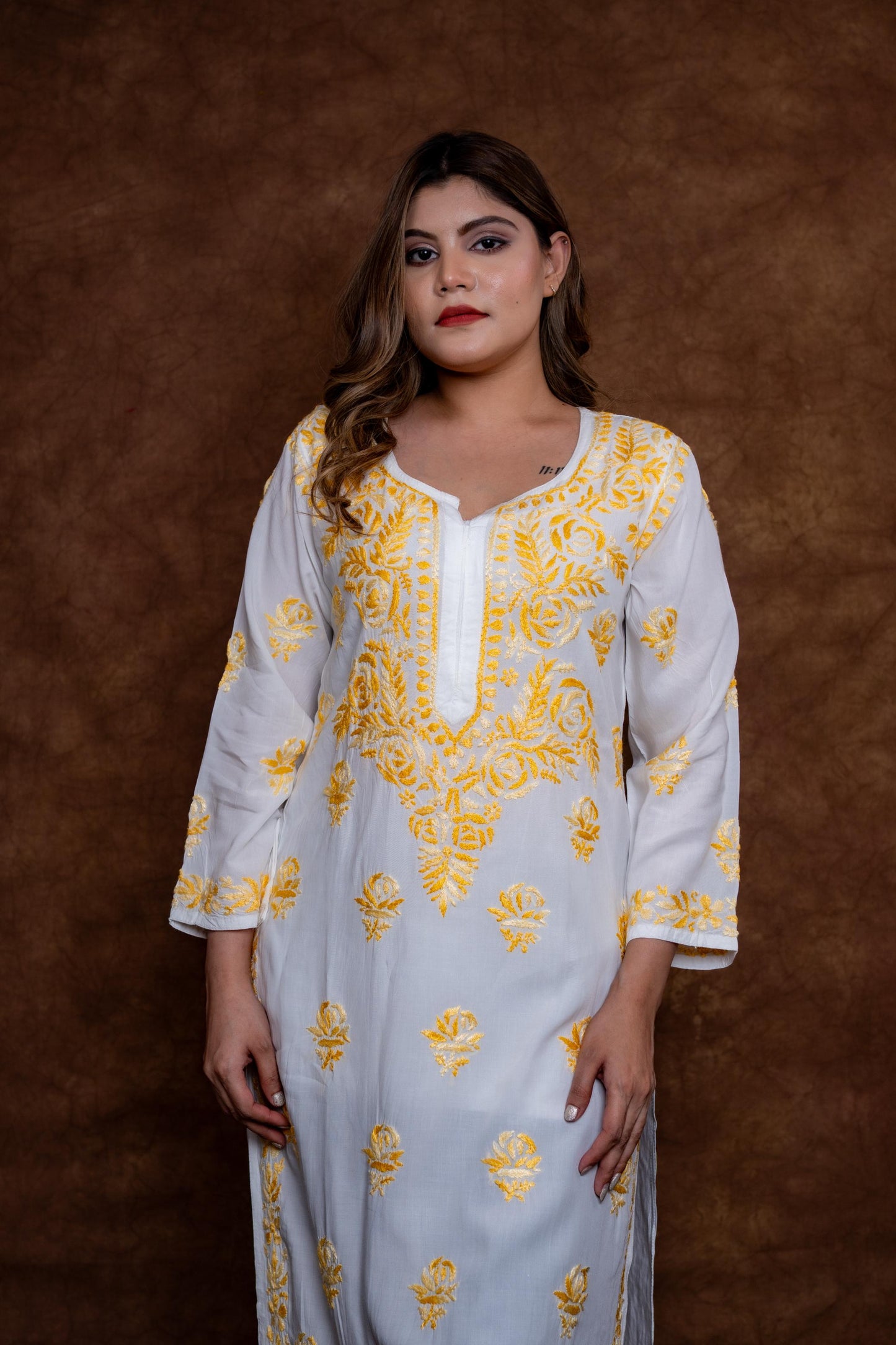 Alia Modal Long Kurti | Handcrafted Chikankari Dual-Shade | Daman Work | Hand Embroided Sleeves Designed By Samiya Chikankari