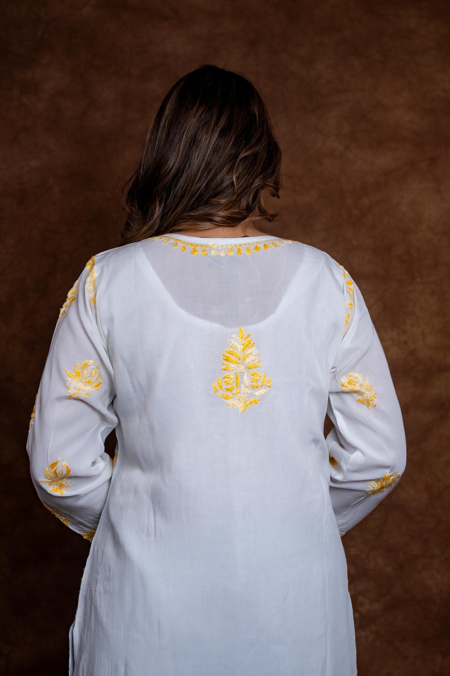 Alia Modal Long Kurti | Handcrafted Chikankari Dual-Shade | Daman Work | Hand Embroided Sleeves Designed By Samiya Chikankari