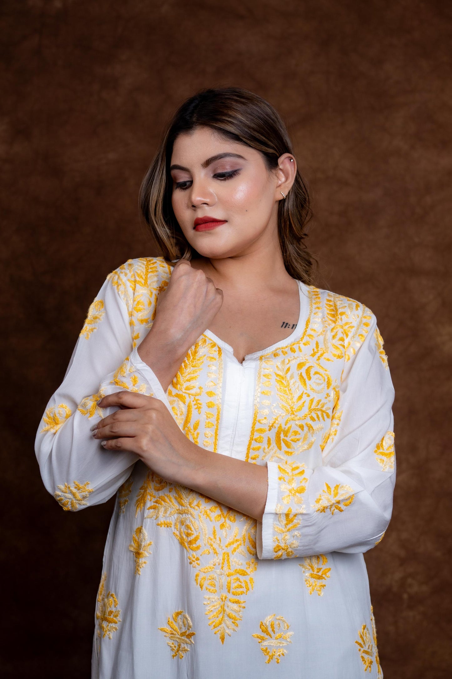 Alia Modal Long Kurti | Handcrafted Chikankari Dual-Shade | Daman Work | Hand Embroided Sleeves Designed By Samiya Chikankari
