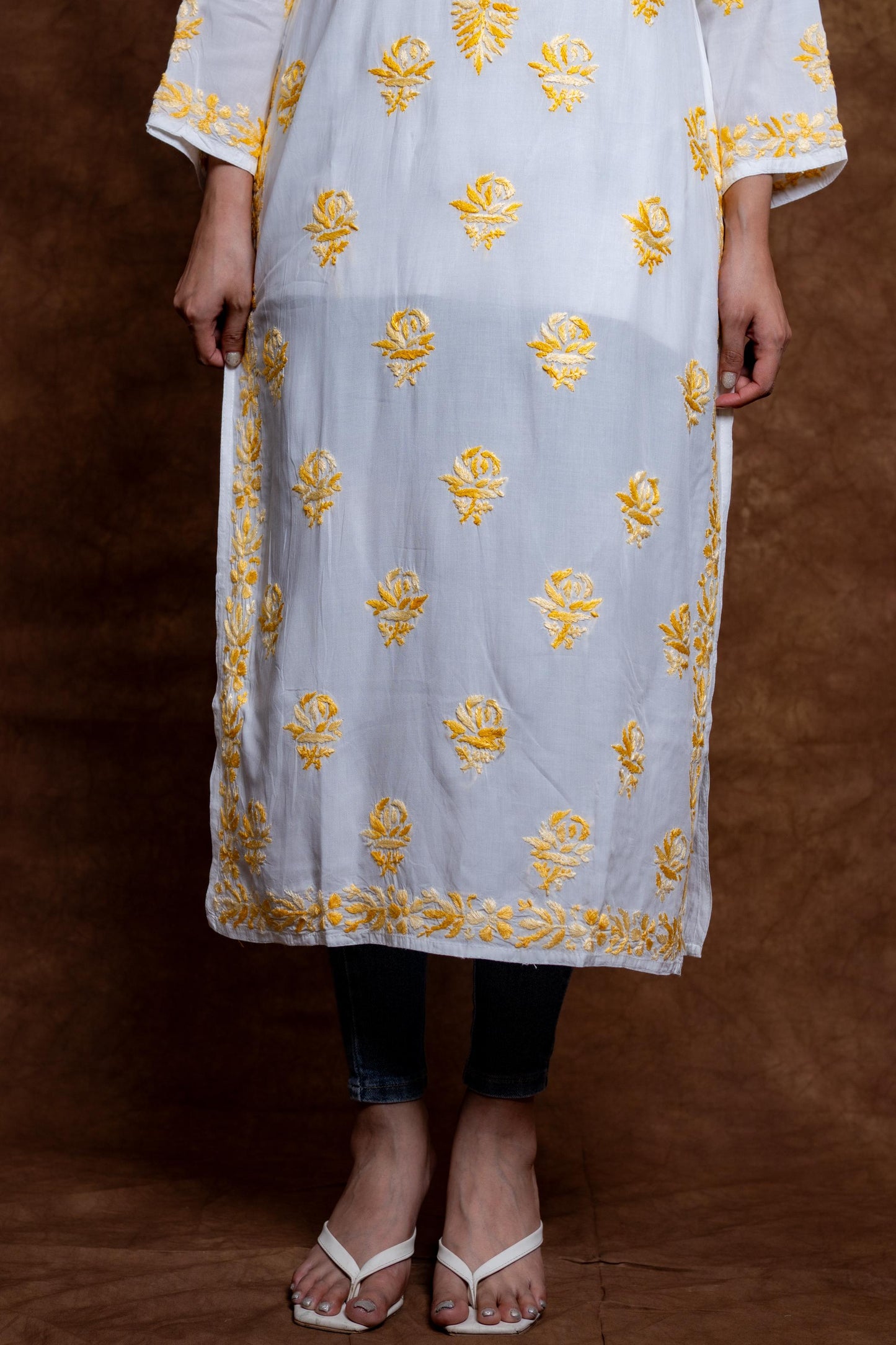 Alia Modal Long Kurti | Handcrafted Chikankari Dual-Shade | Daman Work | Hand Embroided Sleeves Designed By Samiya Chikankari