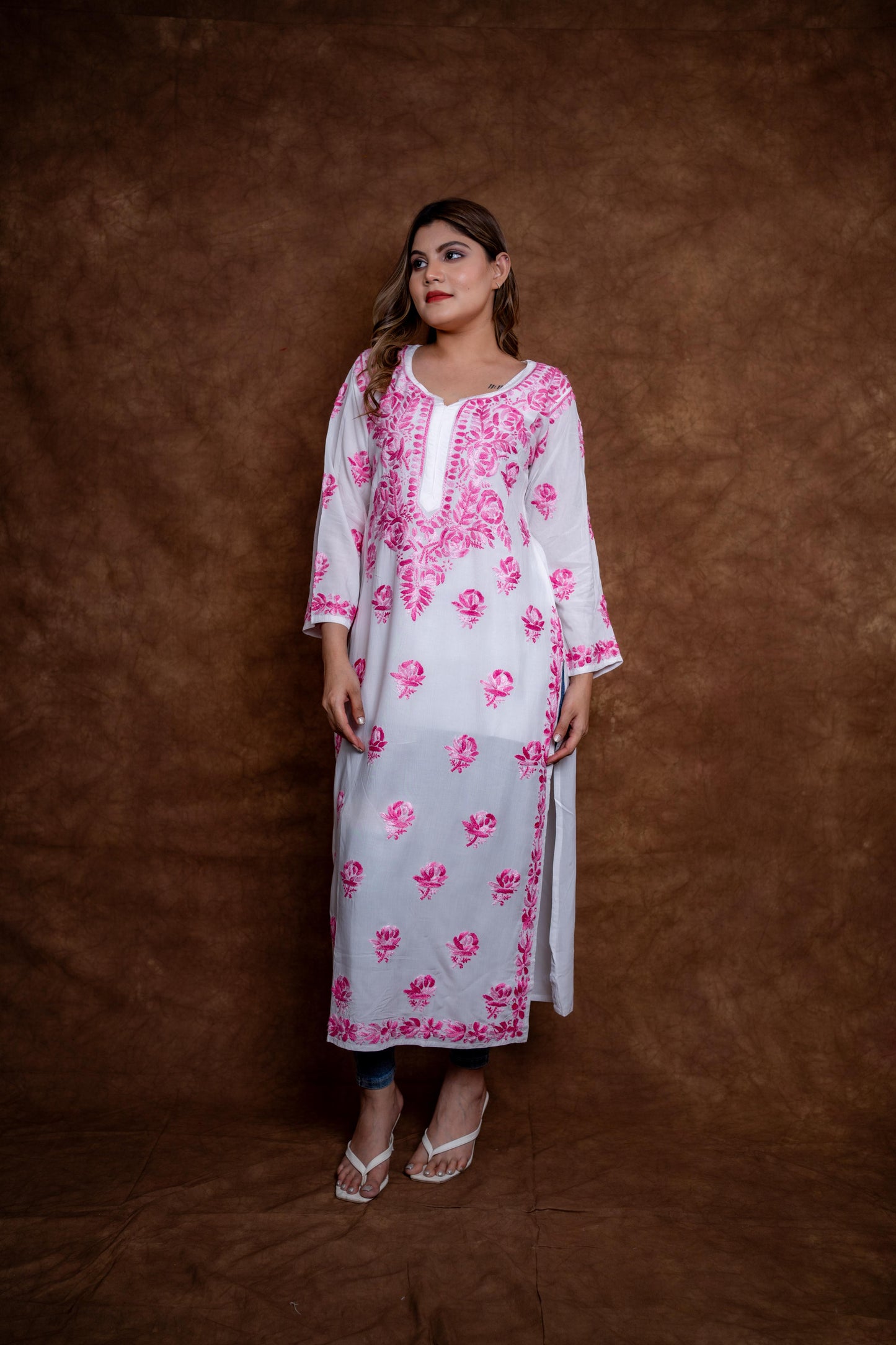 Alia Modal Long Kurti | Handcrafted Chikankari Dual-Shade | Daman Work | Hand Embroided Sleeves Designed By Samiya Chikankari