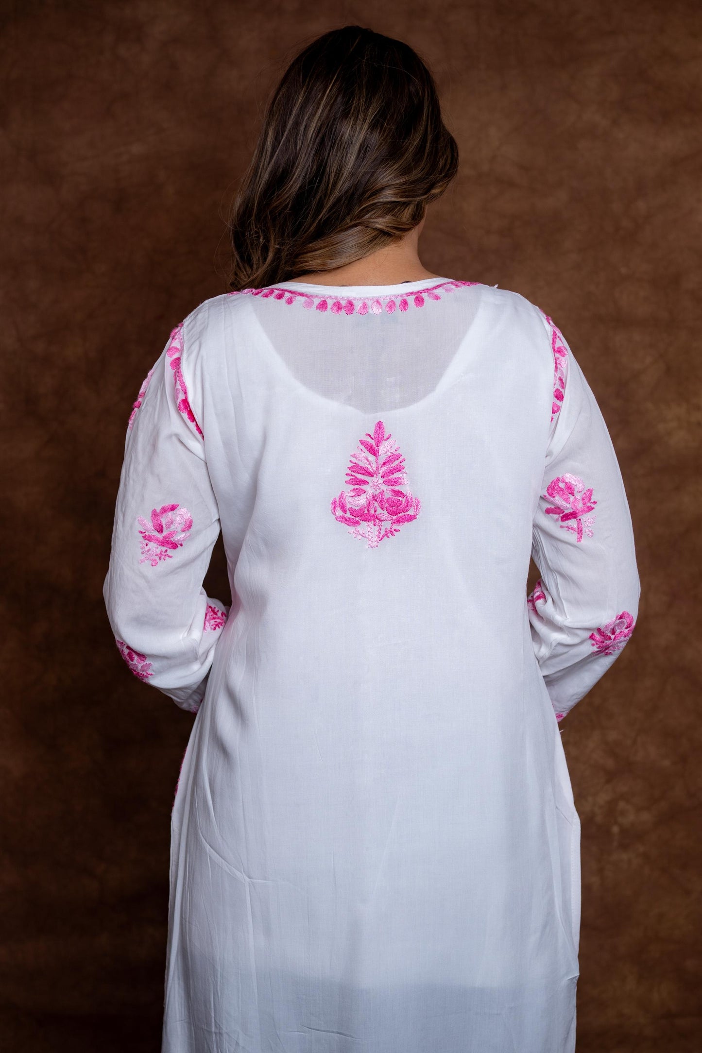 Alia Modal Long Kurti | Handcrafted Chikankari Dual-Shade | Daman Work | Hand Embroided Sleeves Designed By Samiya Chikankari
