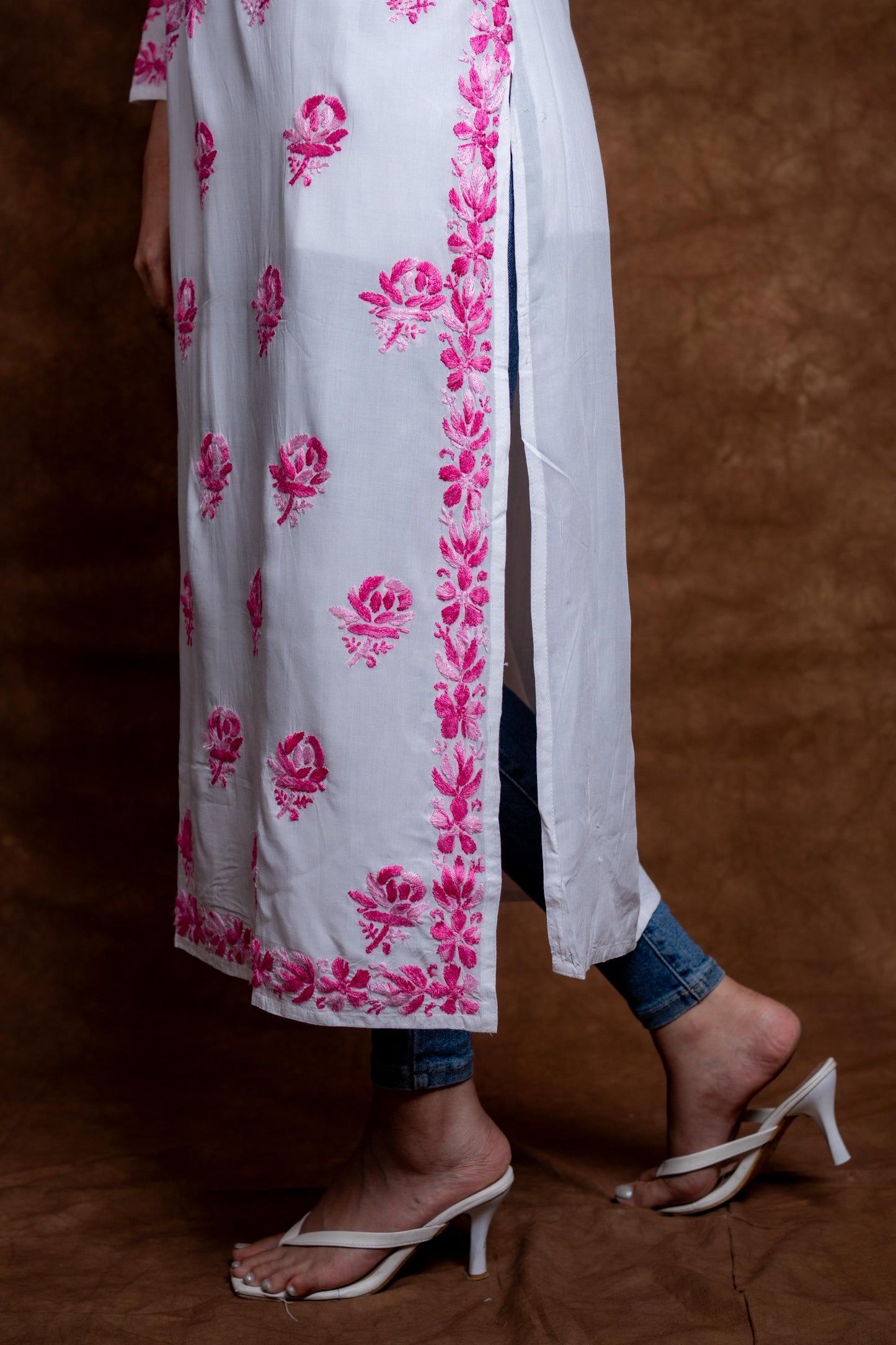 Alia Modal Long Kurti | Handcrafted Chikankari Dual-Shade | Daman Work | Hand Embroided Sleeves Designed By Samiya Chikankari
