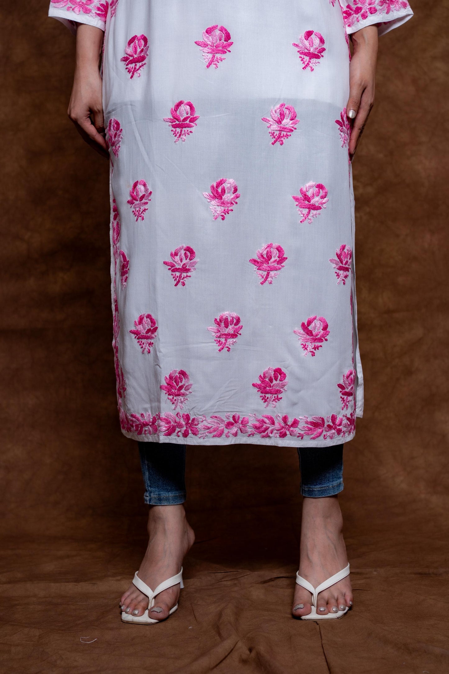 Alia Modal Long Kurti | Handcrafted Chikankari Dual-Shade | Daman Work | Hand Embroided Sleeves Designed By Samiya Chikankari