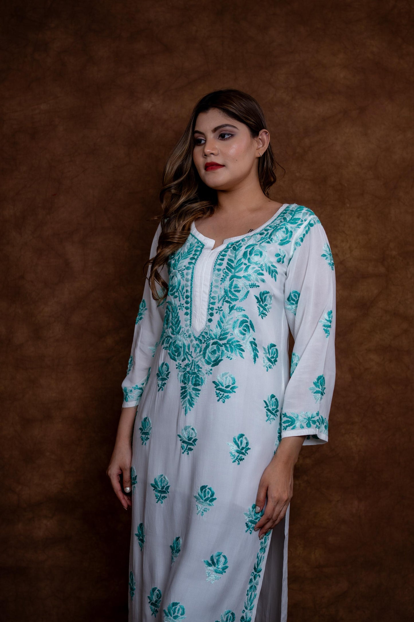Alia Modal Long Kurti | Handcrafted Chikankari Dual-Shade | Daman Work | Hand Embroided Sleeves Designed By Samiya Chikankari