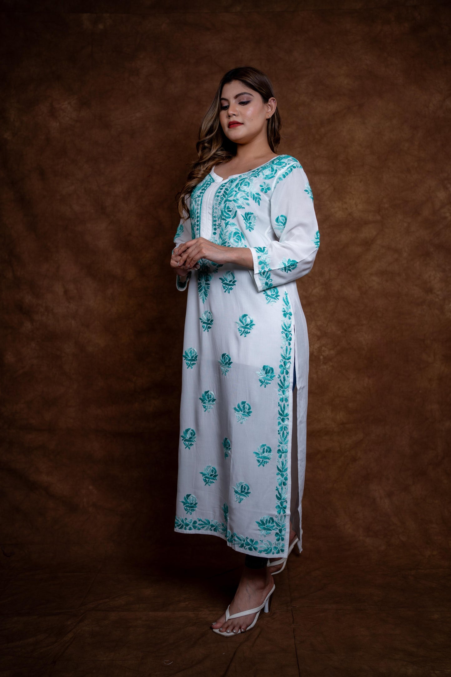 Alia Modal Long Kurti | Handcrafted Chikankari Dual-Shade | Daman Work | Hand Embroided Sleeves Designed By Samiya Chikankari
