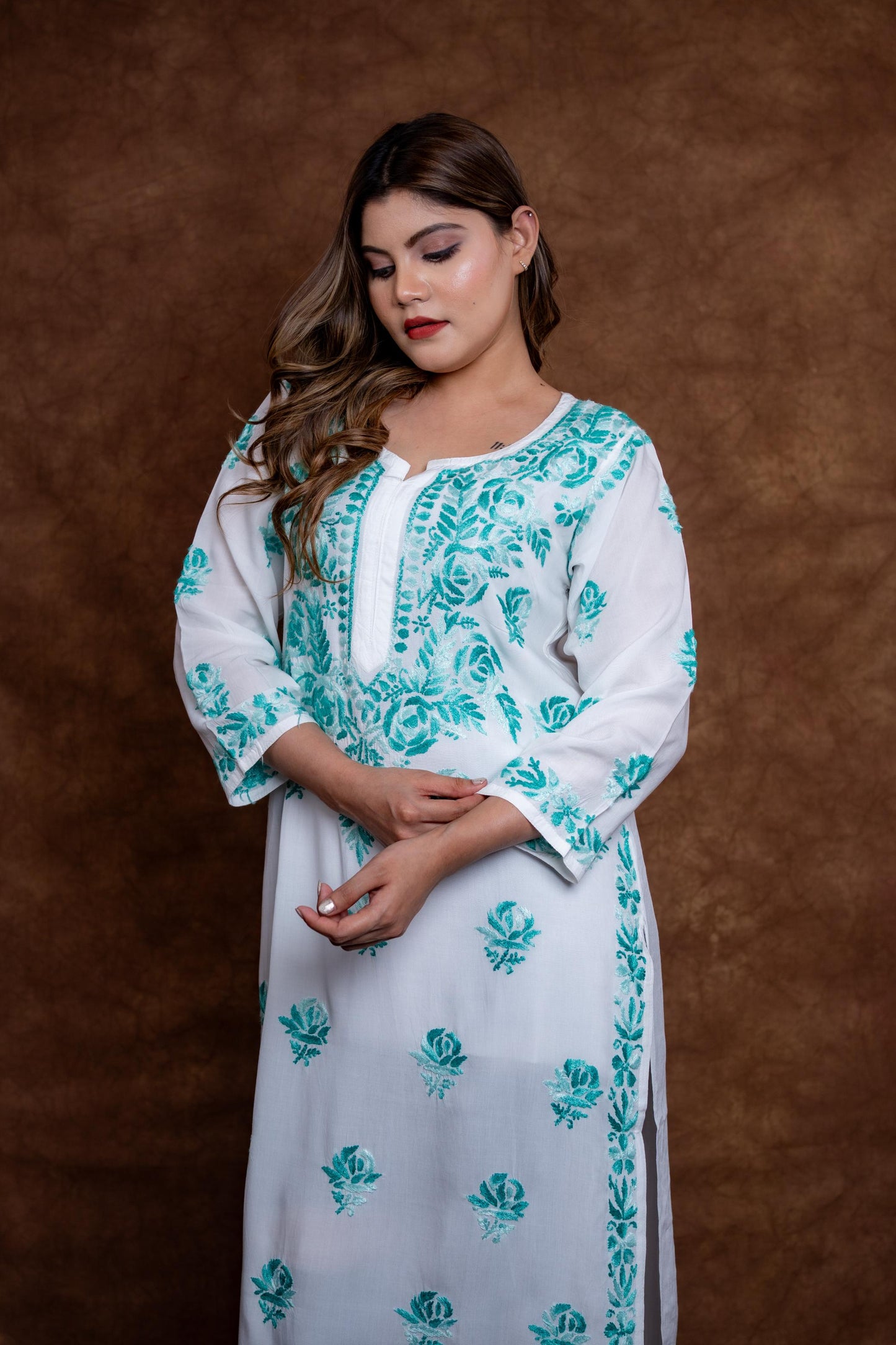 Alia Modal Long Kurti | Handcrafted Chikankari Dual-Shade | Daman Work | Hand Embroided Sleeves Designed By Samiya Chikankari