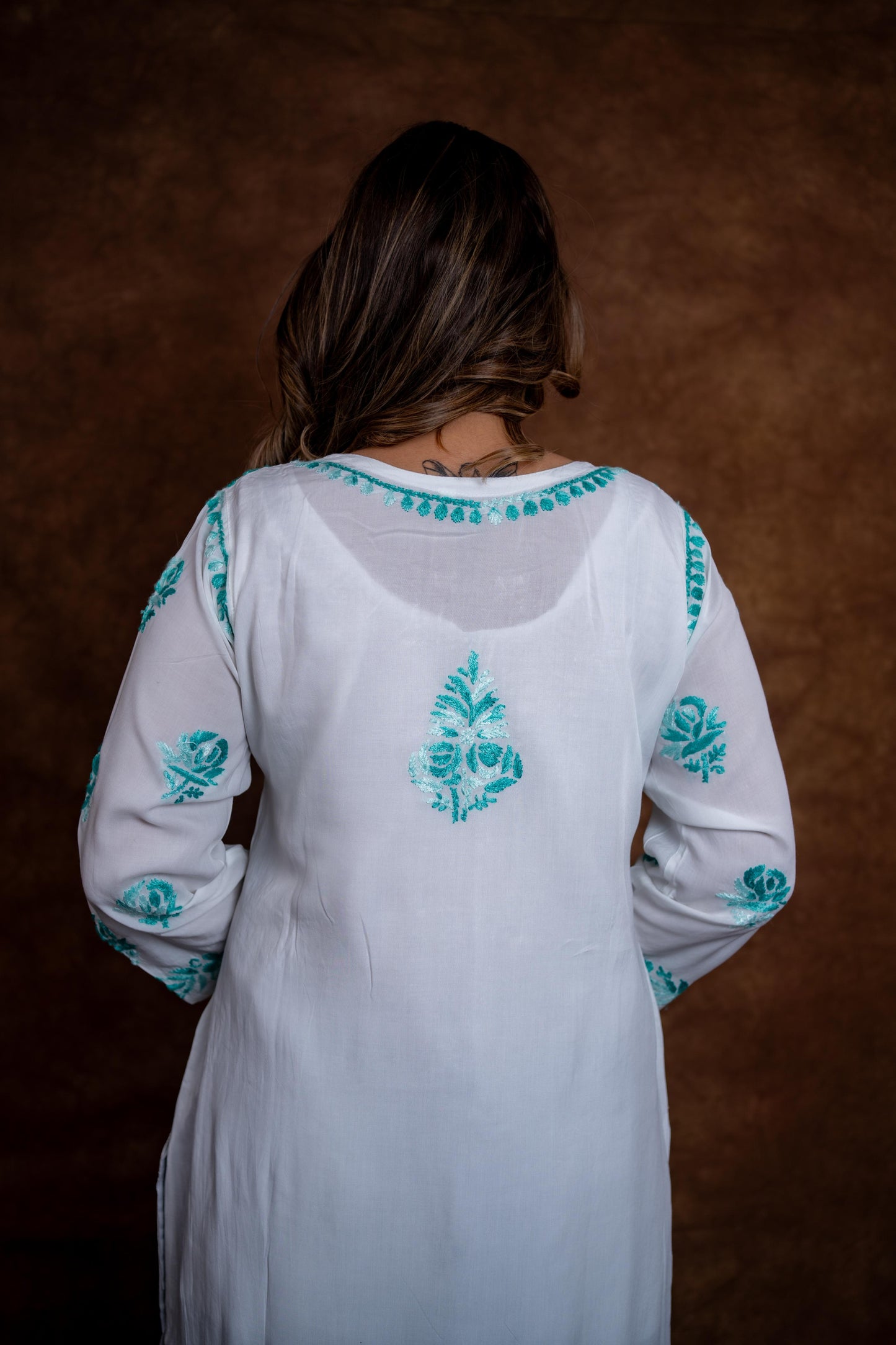 Alia Modal Long Kurti | Handcrafted Chikankari Dual-Shade | Daman Work | Hand Embroided Sleeves Designed By Samiya Chikankari
