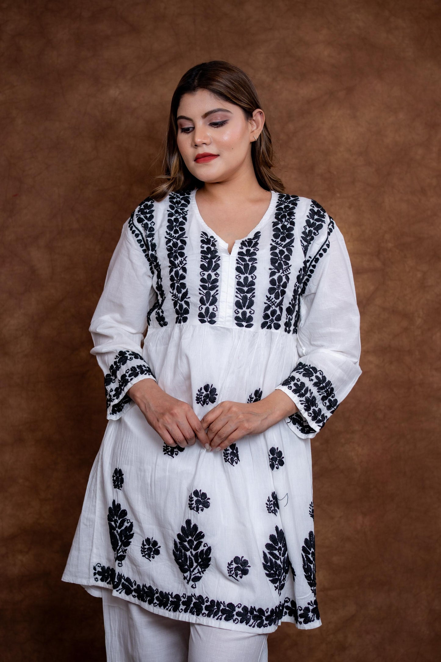 Snow White Handcrafted Chikankari Pure Cotton Short Kurti & Palazzo Co-Ord Set
