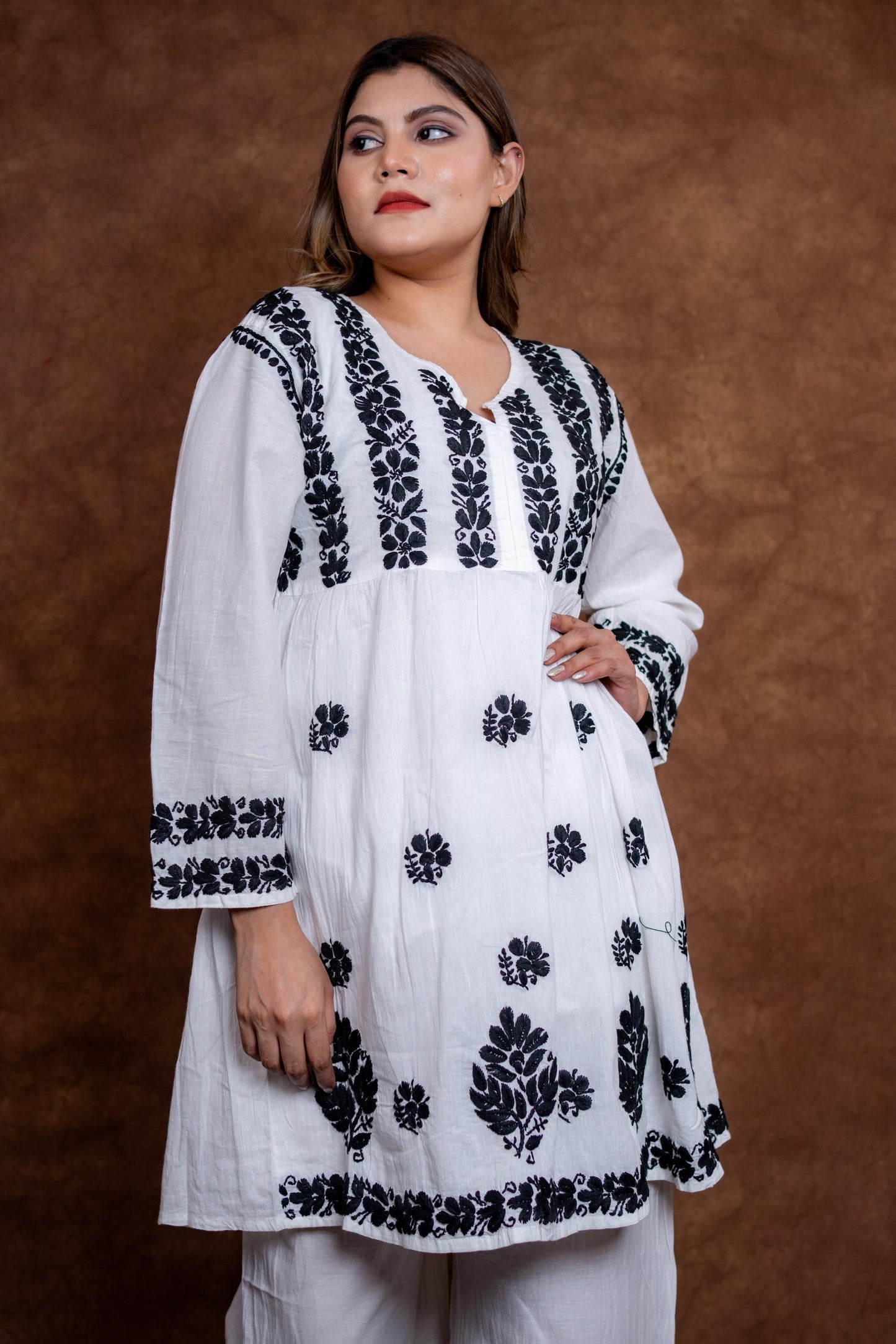 Snow White Handcrafted Chikankari Pure Cotton Short Kurti & Palazzo Co-Ord Set