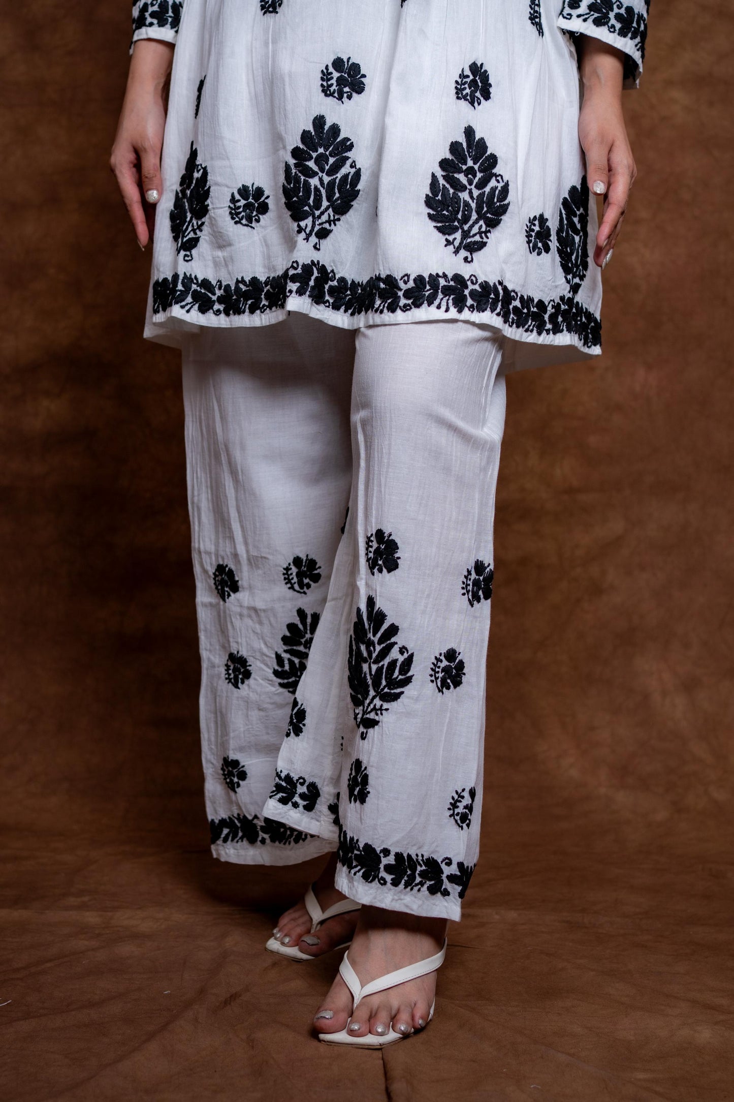 Snow White Handcrafted Chikankari Pure Cotton Short Kurti & Palazzo Co-Ord Set