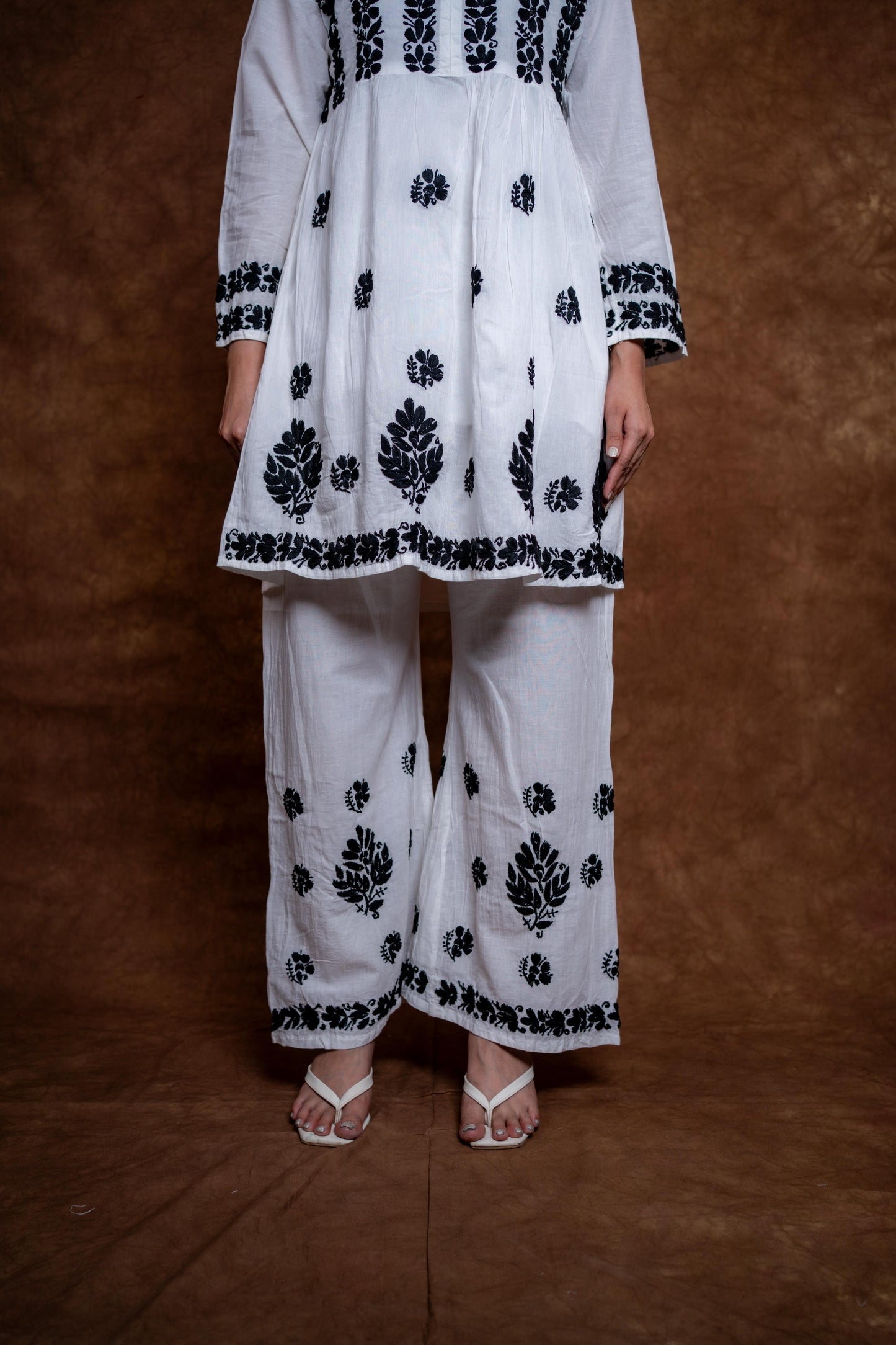 Snow White Handcrafted Chikankari Pure Cotton Short Kurti & Palazzo Co-Ord Set