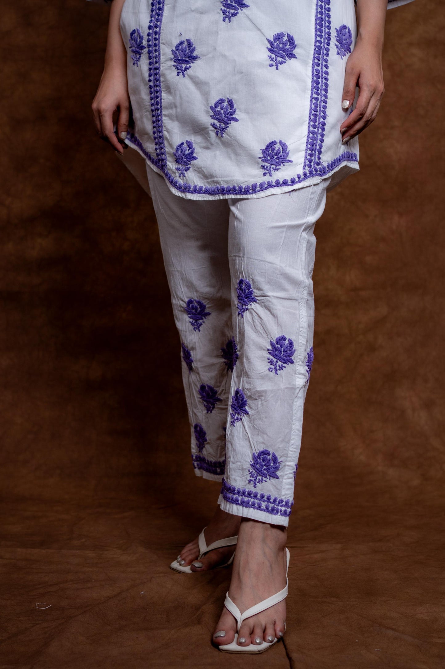 Meerab Handcrafted Chikankari Pure Cotton Short Kurti & Pant Co-Ord Set Designed by Samiya chikankari