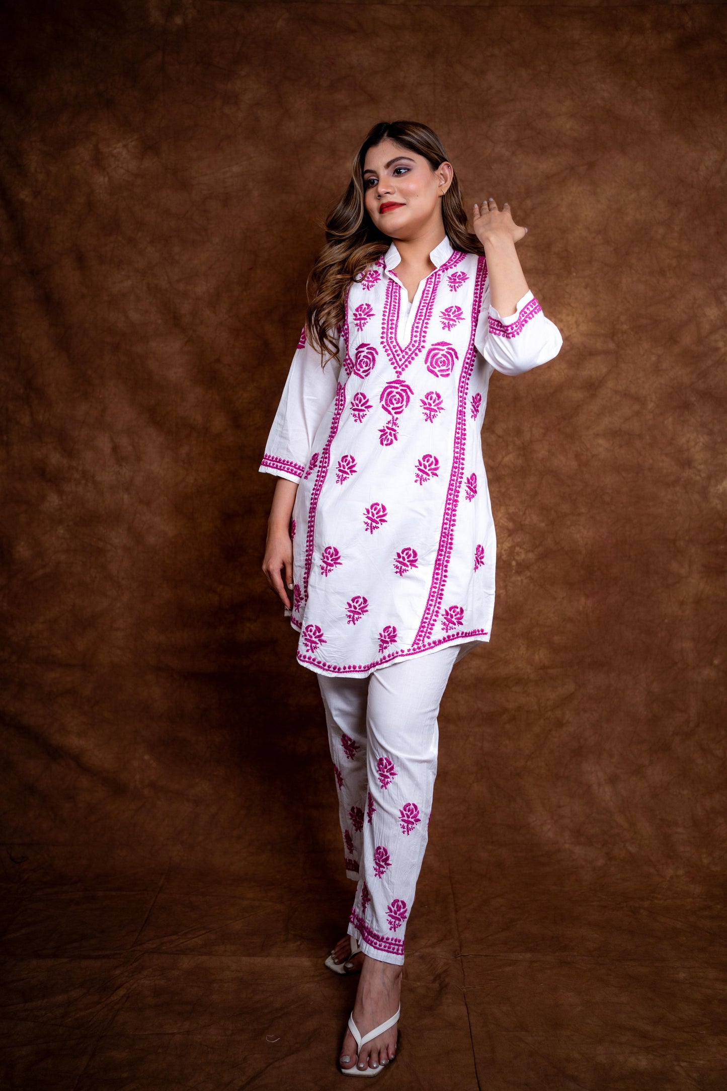 Meerab Handcrafted Chikankari Pure Cotton Short Kurti & Pant Co-Ord Set Designed by Samiya chikankari