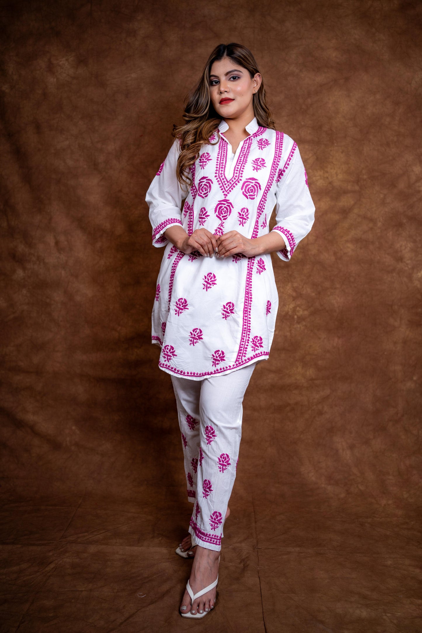 Meerab Handcrafted Chikankari Pure Cotton Short Kurti & Pant Co-Ord Set Designed by Samiya chikankari
