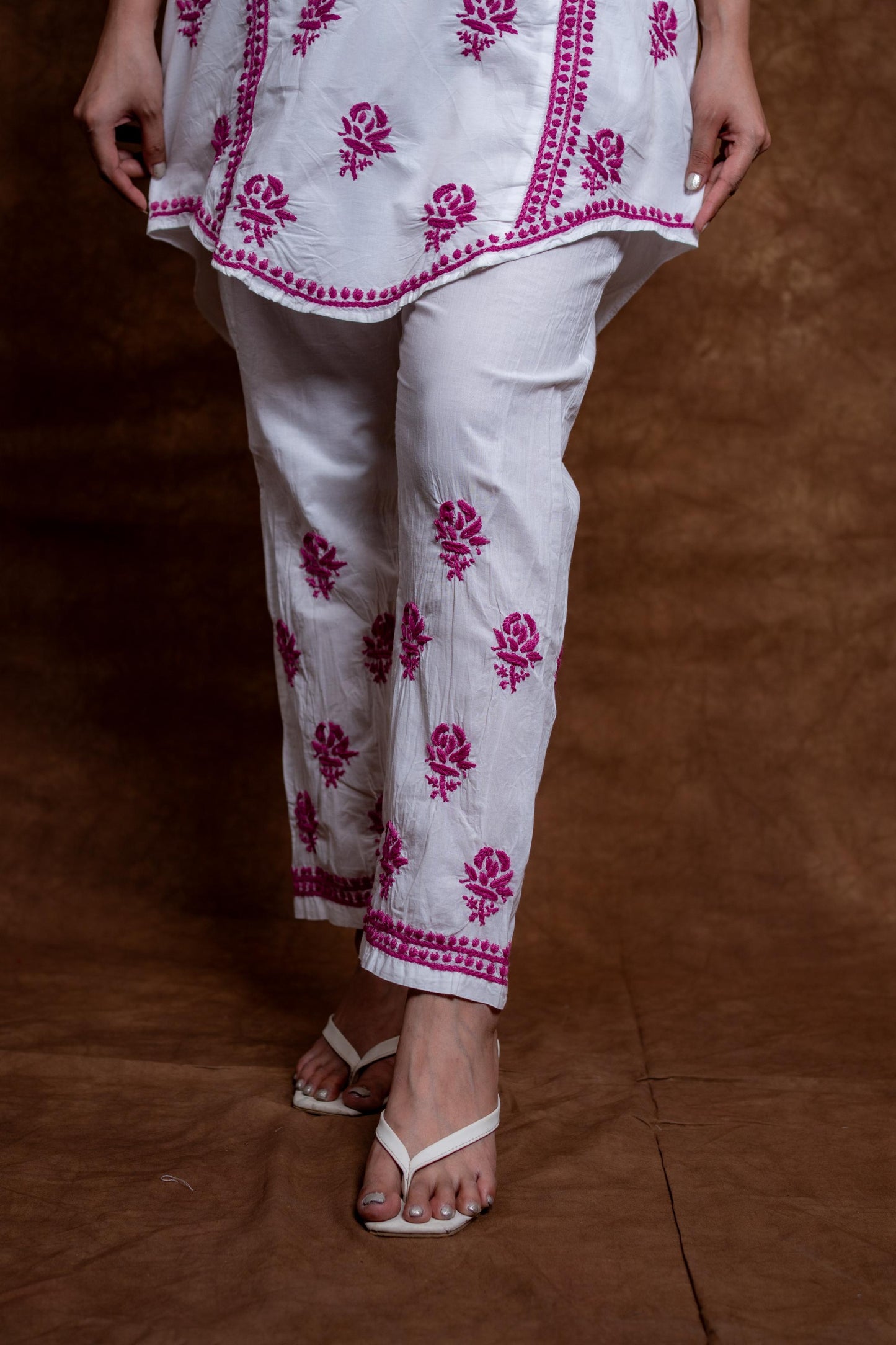 Meerab Handcrafted Chikankari Pure Cotton Short Kurti & Pant Co-Ord Set Designed by Samiya chikankari