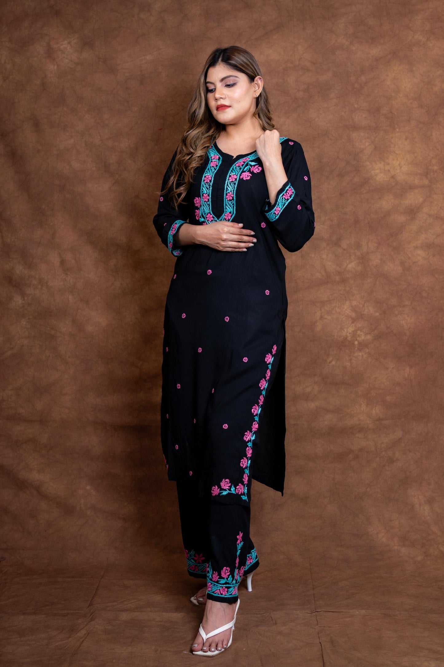 Haya Contrast Thread Chikan Embroidery Modal Kurti & Palazzo Set Designed By Samiya Chikankari
