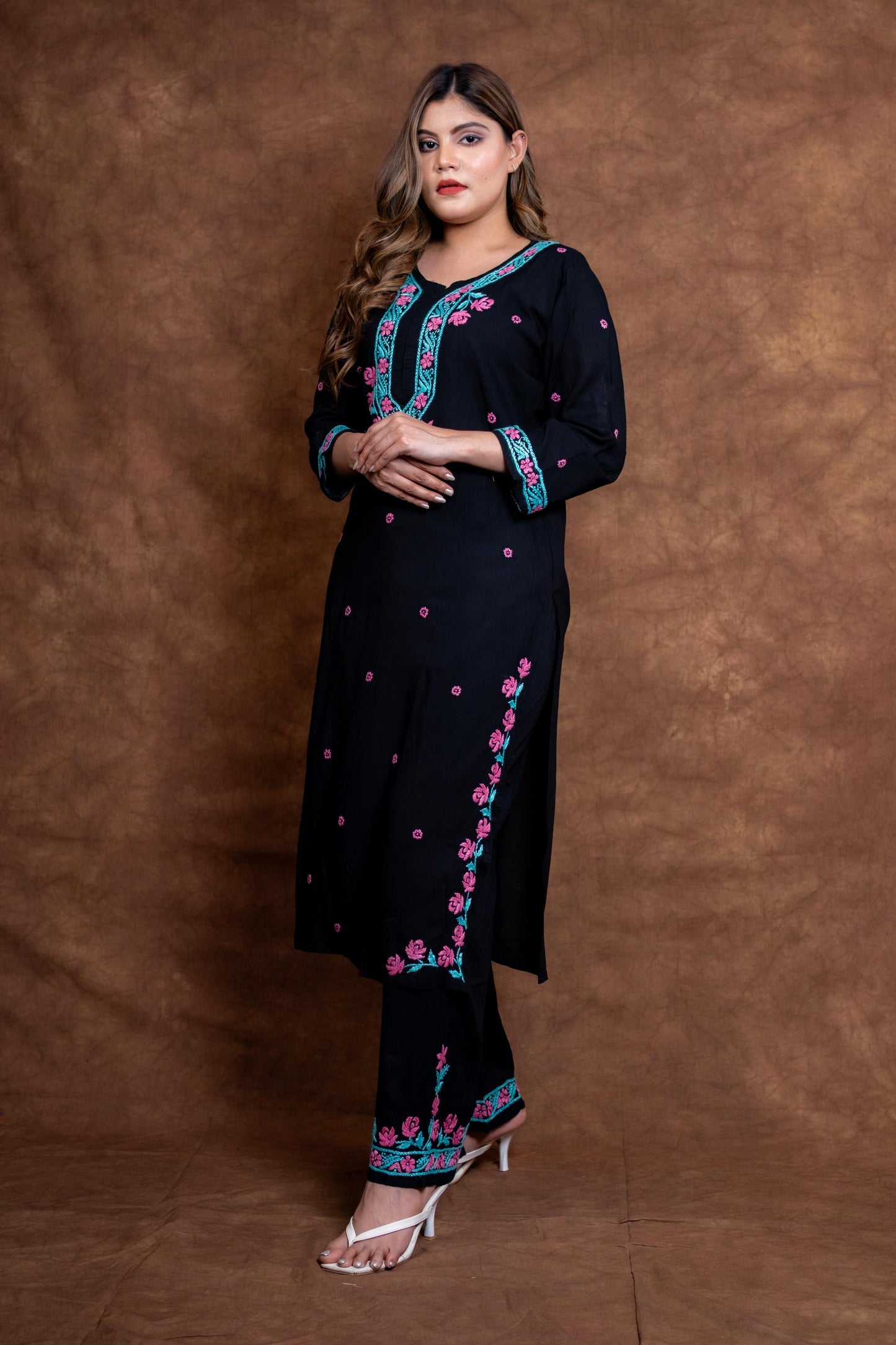 Haya Contrast Thread Chikan Embroidery Modal Kurti & Palazzo Set Designed By Samiya Chikankari