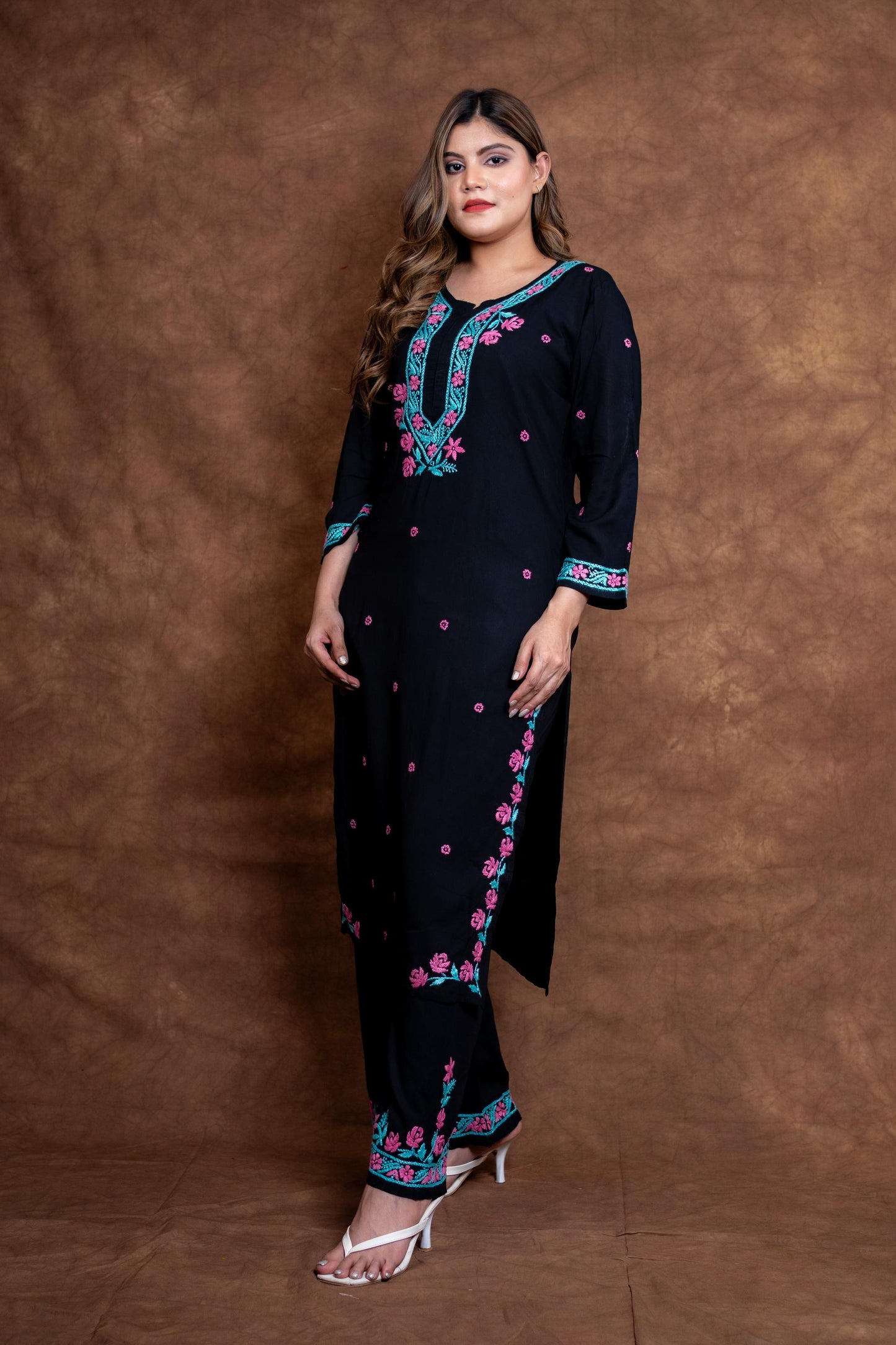 Haya Contrast Thread Chikan Embroidery Modal Kurti & Palazzo Set Designed By Samiya Chikankari