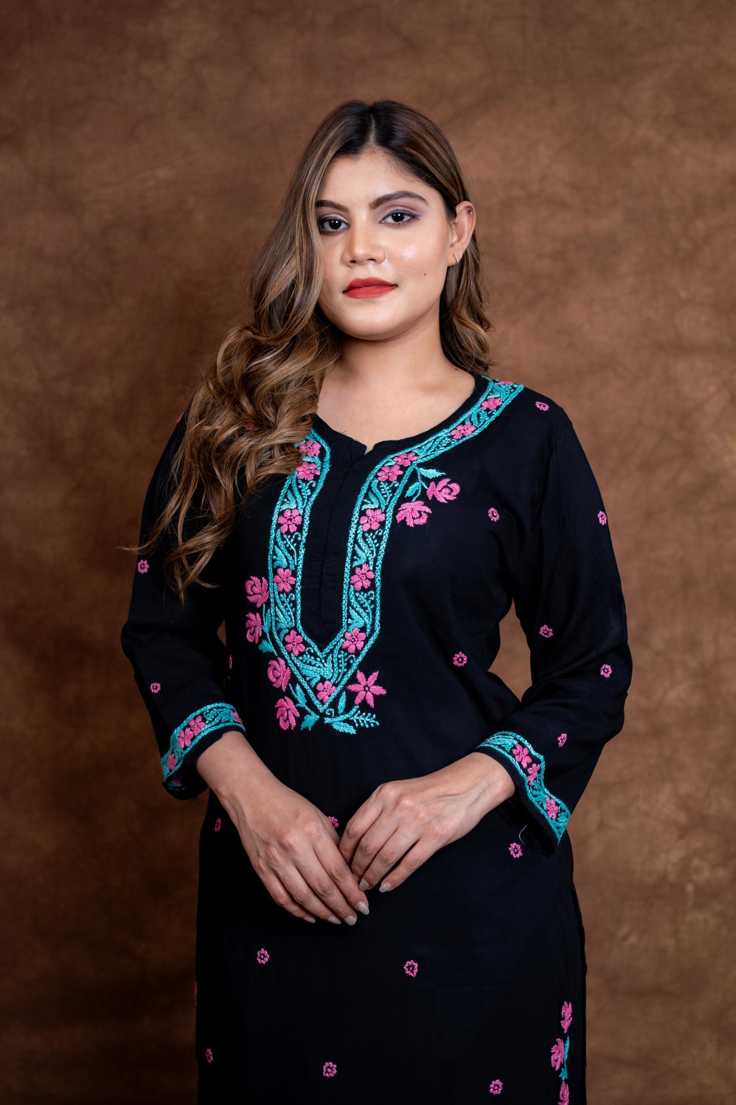 Haya Contrast Thread Chikan Embroidery Modal Kurti & Palazzo Set Designed By Samiya Chikankari