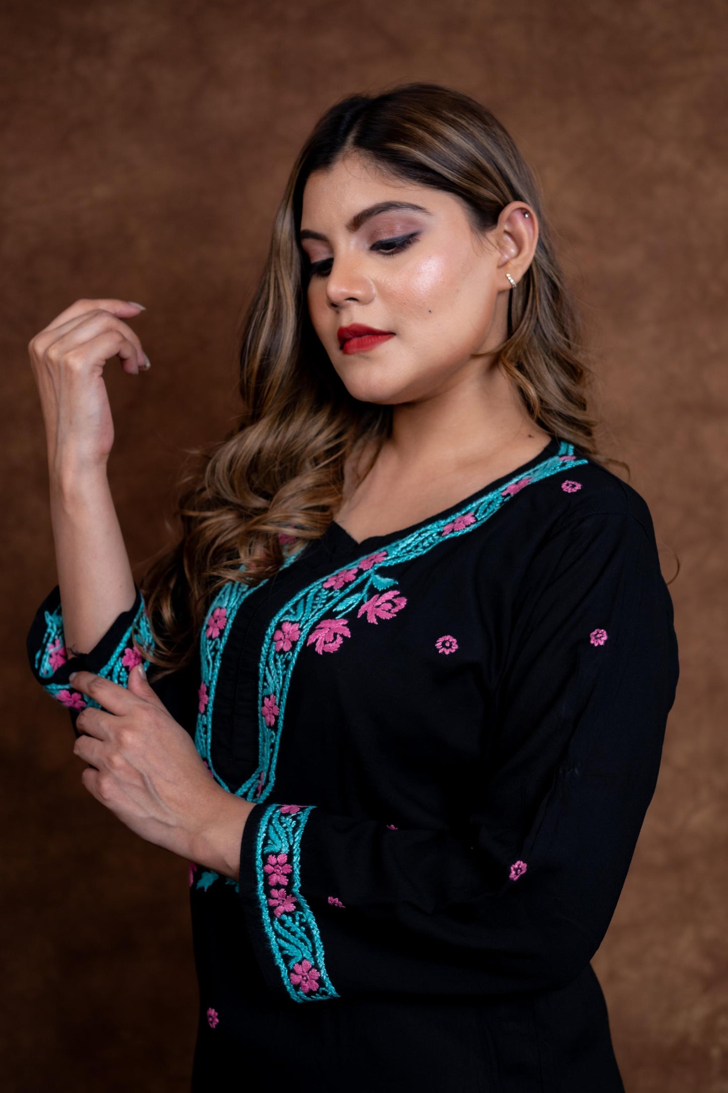 Haya Contrast Thread Chikan Embroidery Modal Kurti & Palazzo Set Designed By Samiya Chikankari