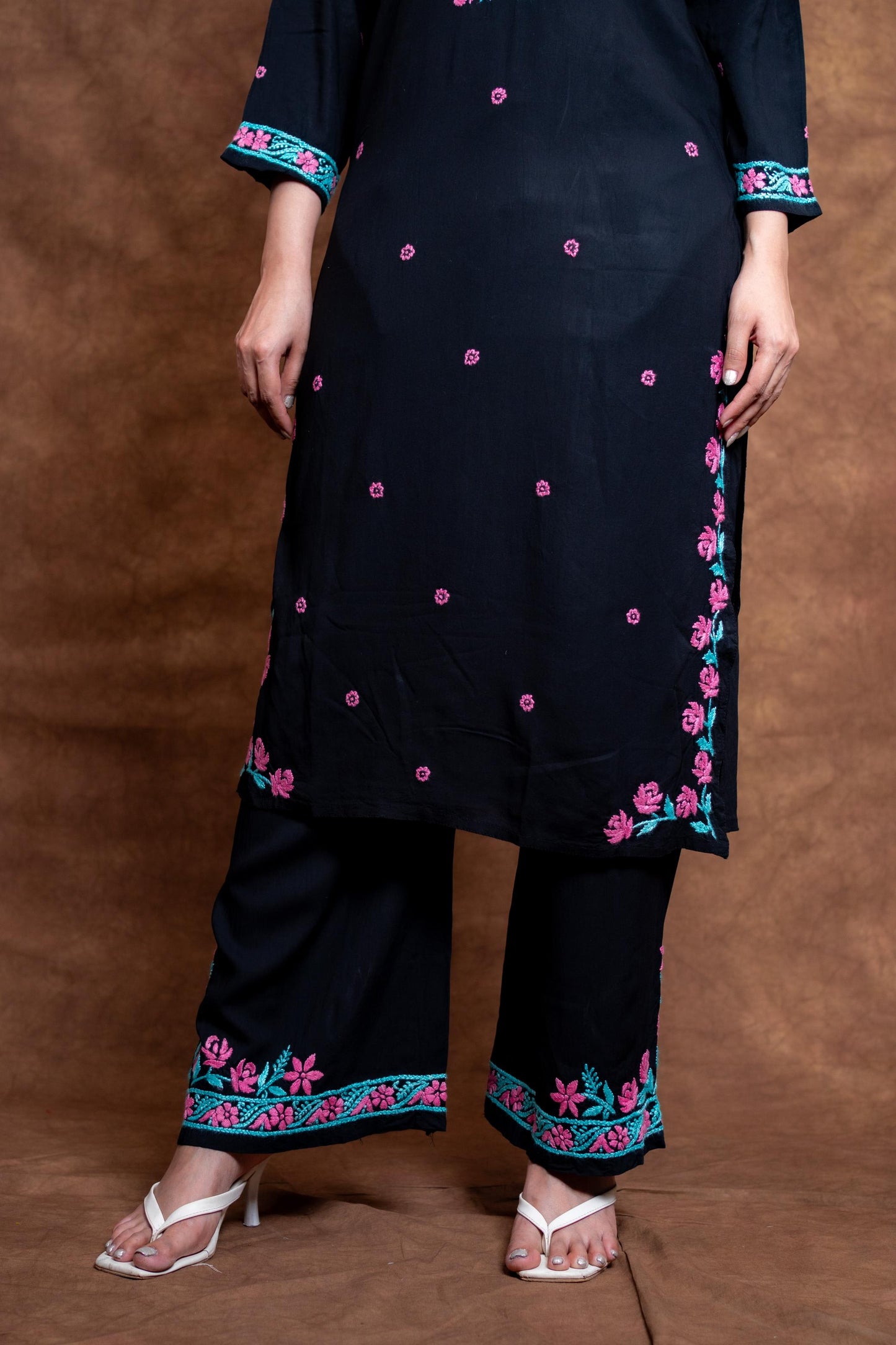 Haya Contrast Thread Chikan Embroidery Modal Kurti & Palazzo Set Designed By Samiya Chikankari