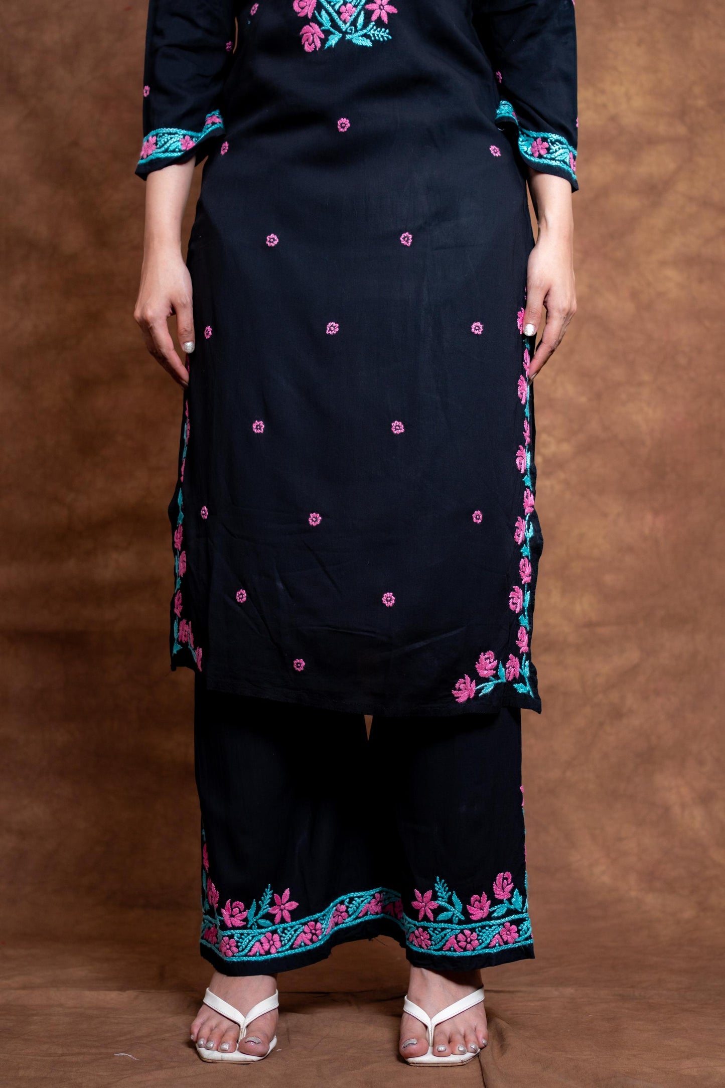 Haya Contrast Thread Chikan Embroidery Modal Kurti & Palazzo Set Designed By Samiya Chikankari