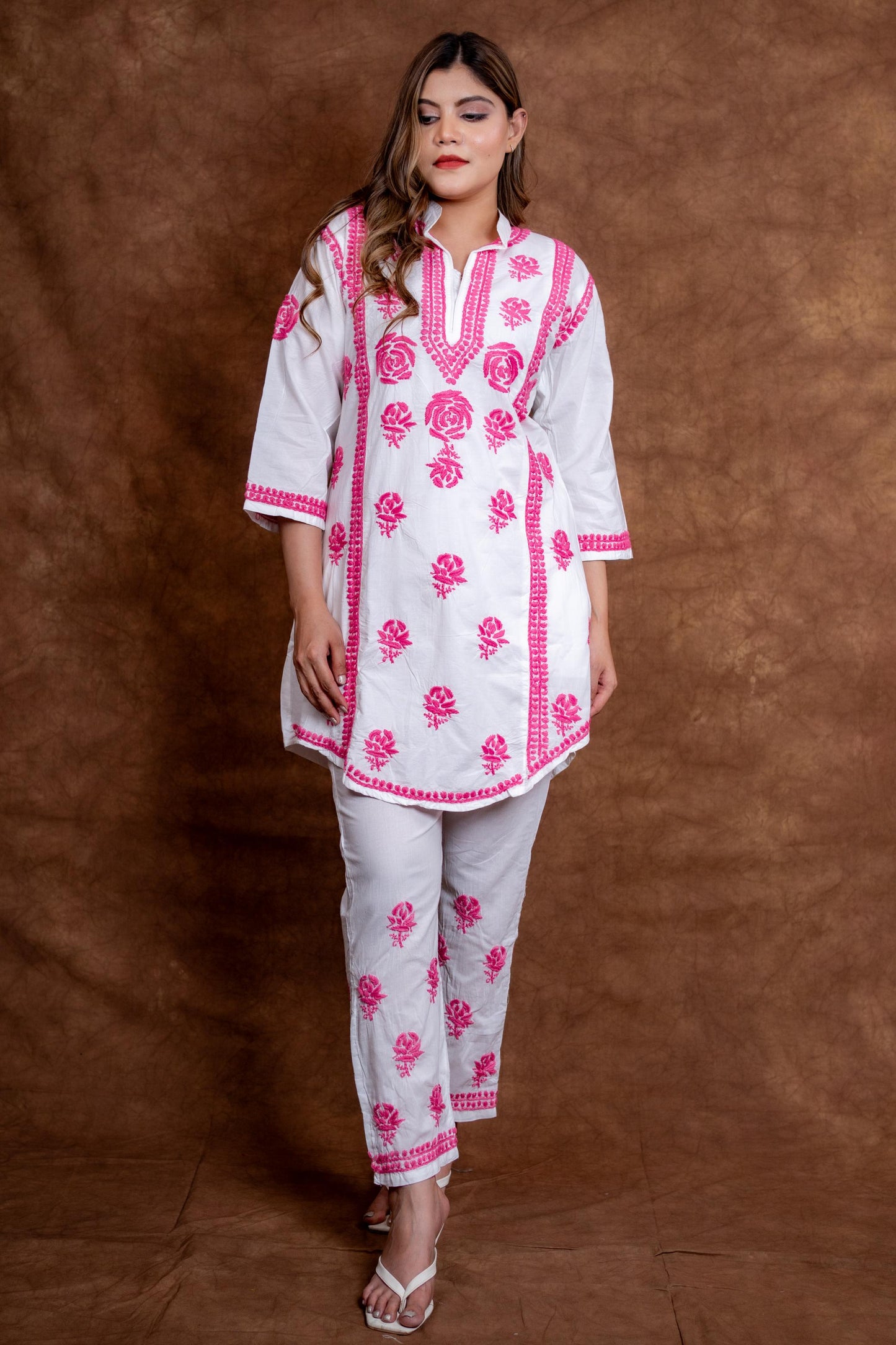 Meerab Handcrafted Chikankari Pure Cotton Short Kurti & Pant Co-Ord Set Designed by Samiya chikankari