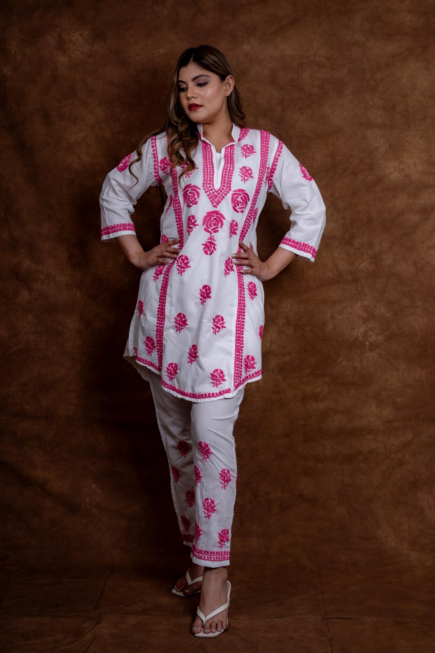 Meerab Handcrafted Chikankari Pure Cotton Short Kurti & Pant Co-Ord Set Designed by Samiya chikankari