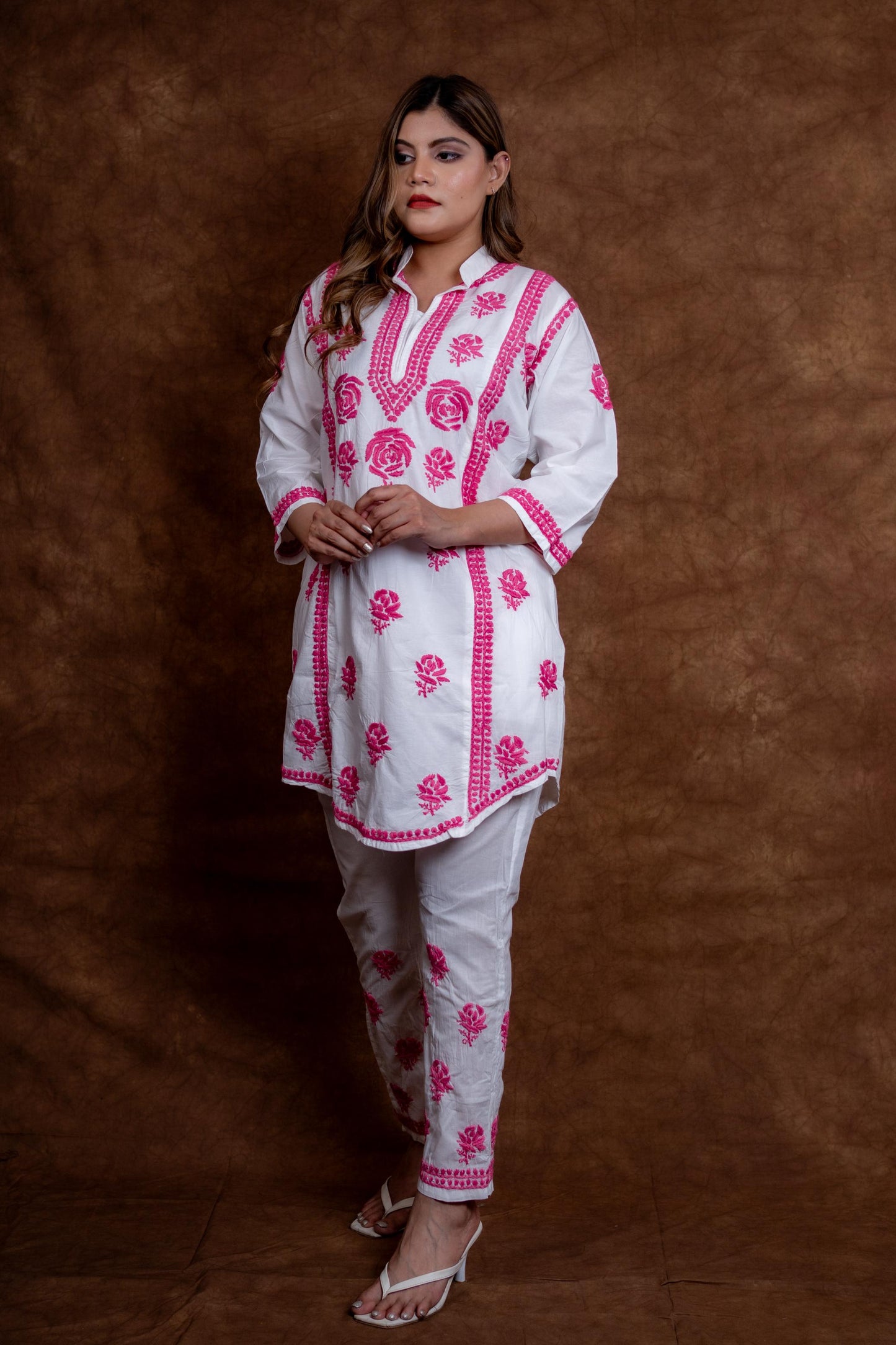 Meerab Handcrafted Chikankari Pure Cotton Short Kurti & Pant Co-Ord Set Designed by Samiya chikankari
