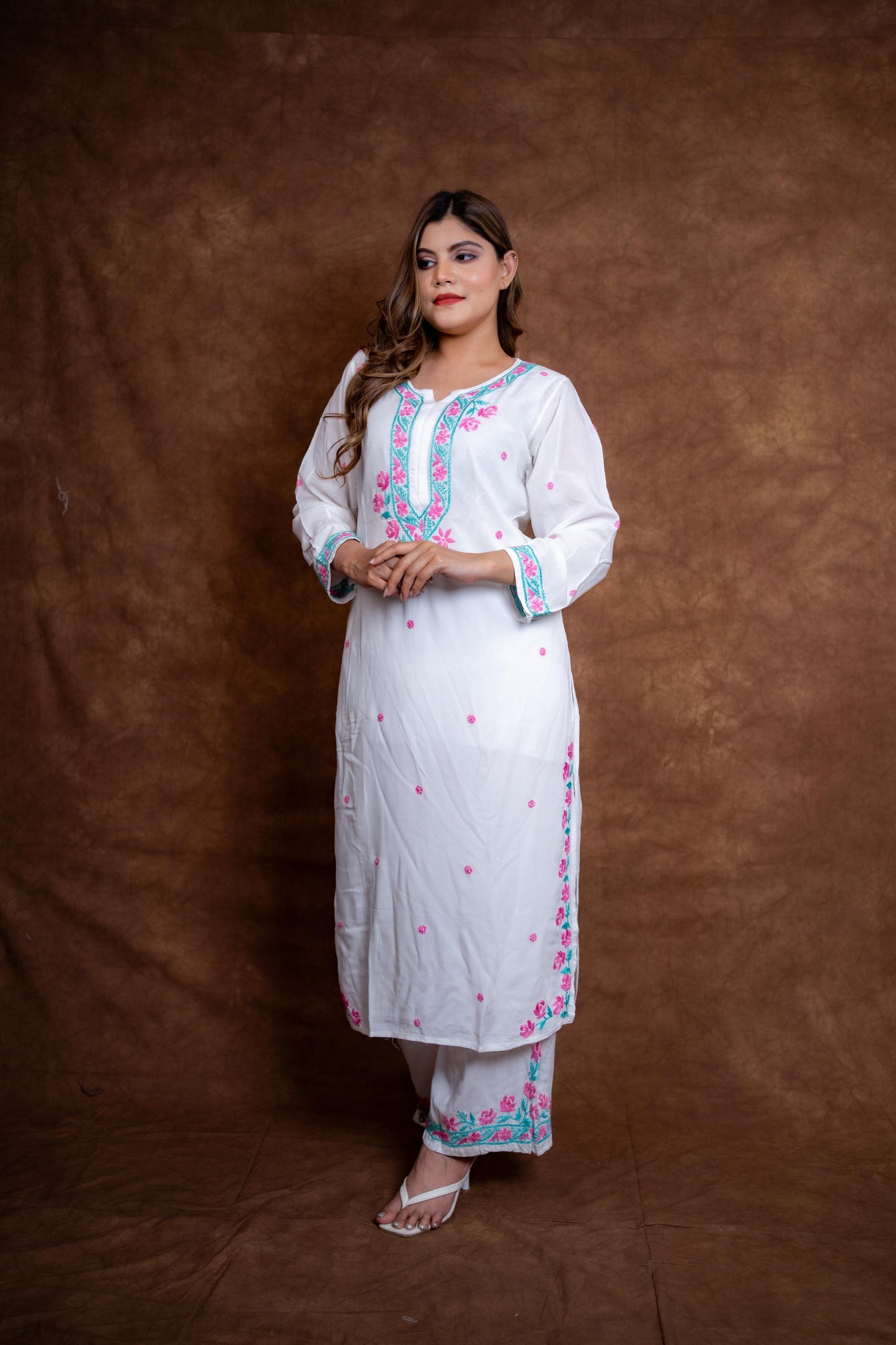 Haya Contrast Thread Chikan Embroidery Modal Kurti & Palazzo Set Designed By Samiya Chikankari