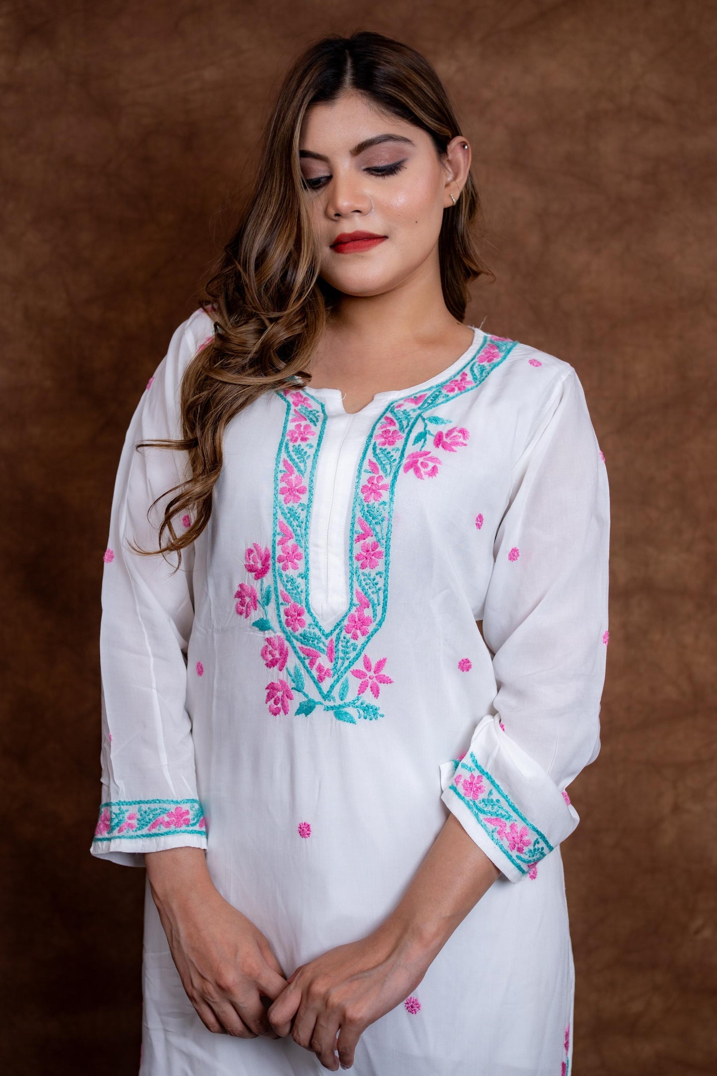 Haya Contrast Thread Chikan Embroidery Modal Kurti & Palazzo Set Designed By Samiya Chikankari