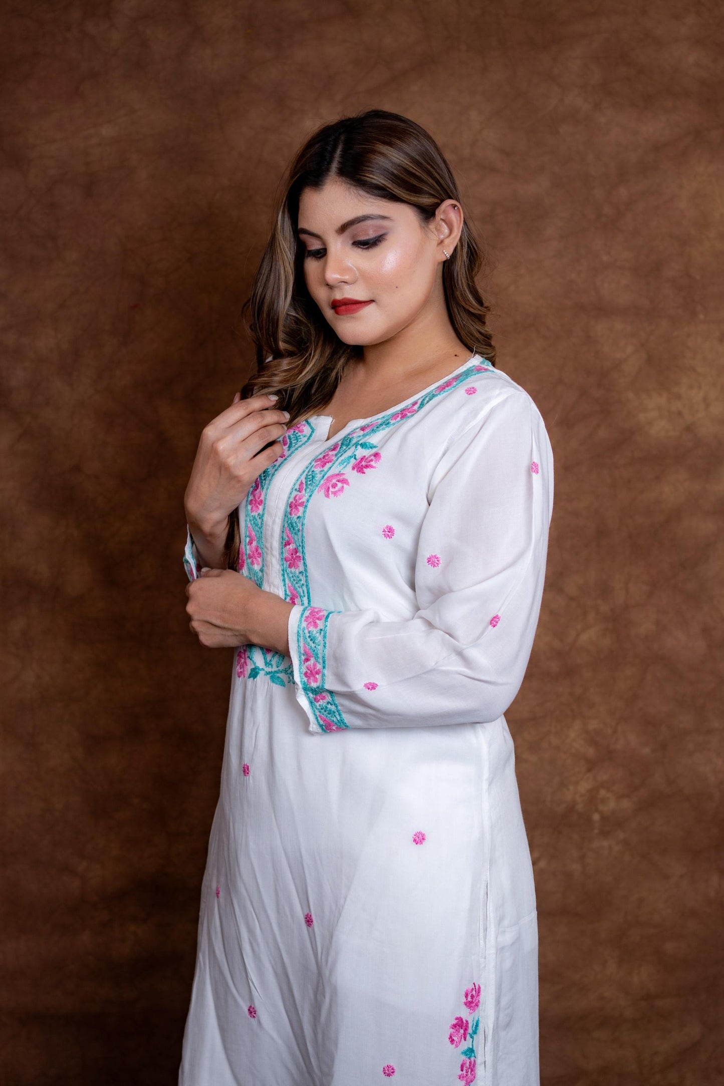 Haya Contrast Thread Chikan Embroidery Modal Kurti & Palazzo Set Designed By Samiya Chikankari