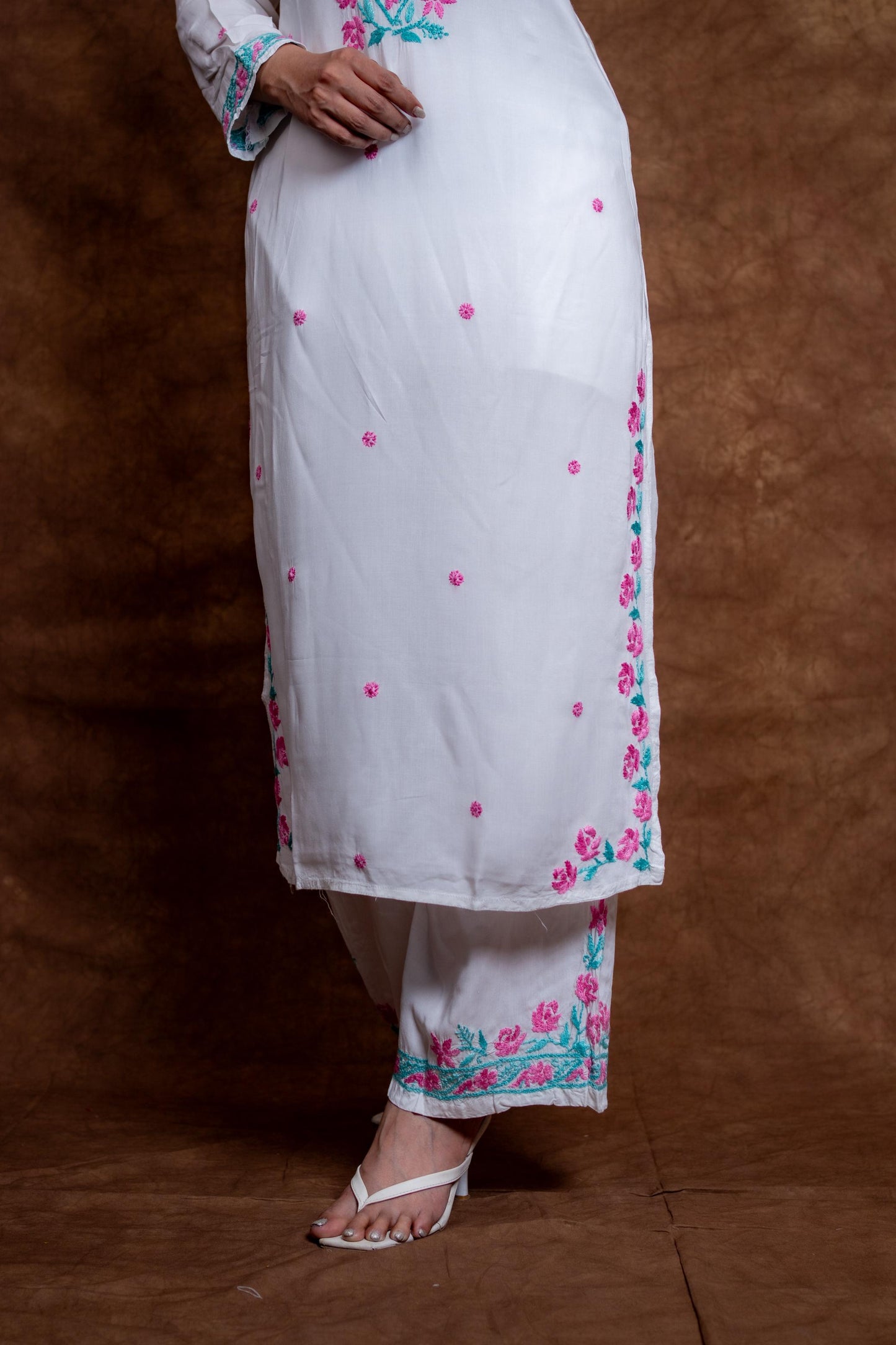 Haya Contrast Thread Chikan Embroidery Modal Kurti & Palazzo Set Designed By Samiya Chikankari