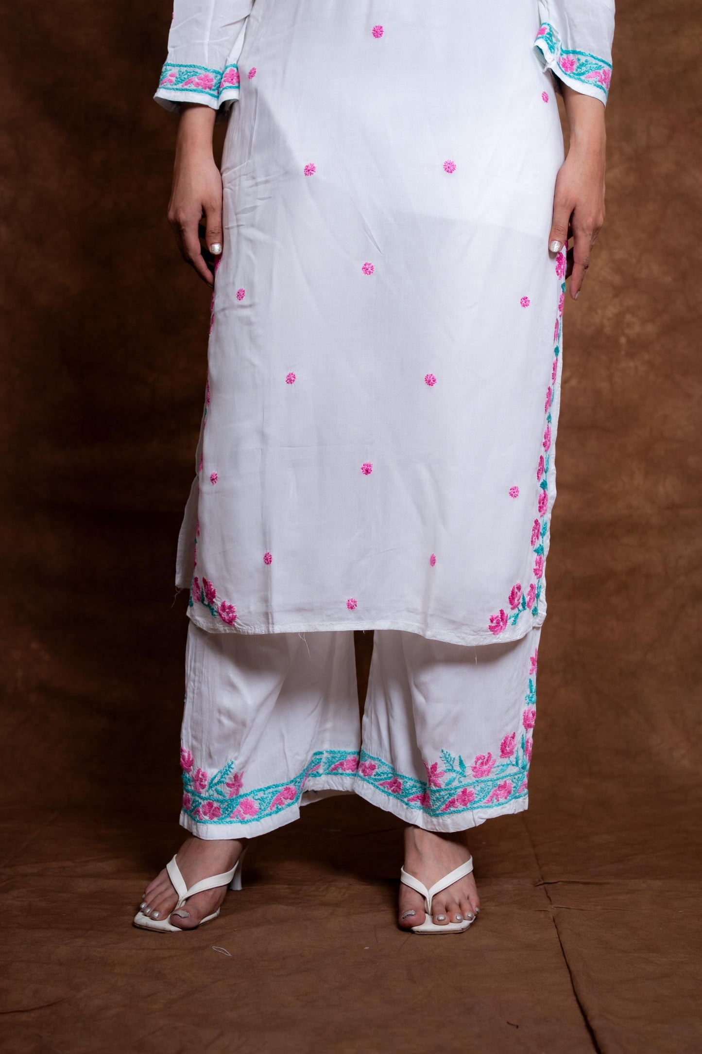 Haya Contrast Thread Chikan Embroidery Modal Kurti & Palazzo Set Designed By Samiya Chikankari